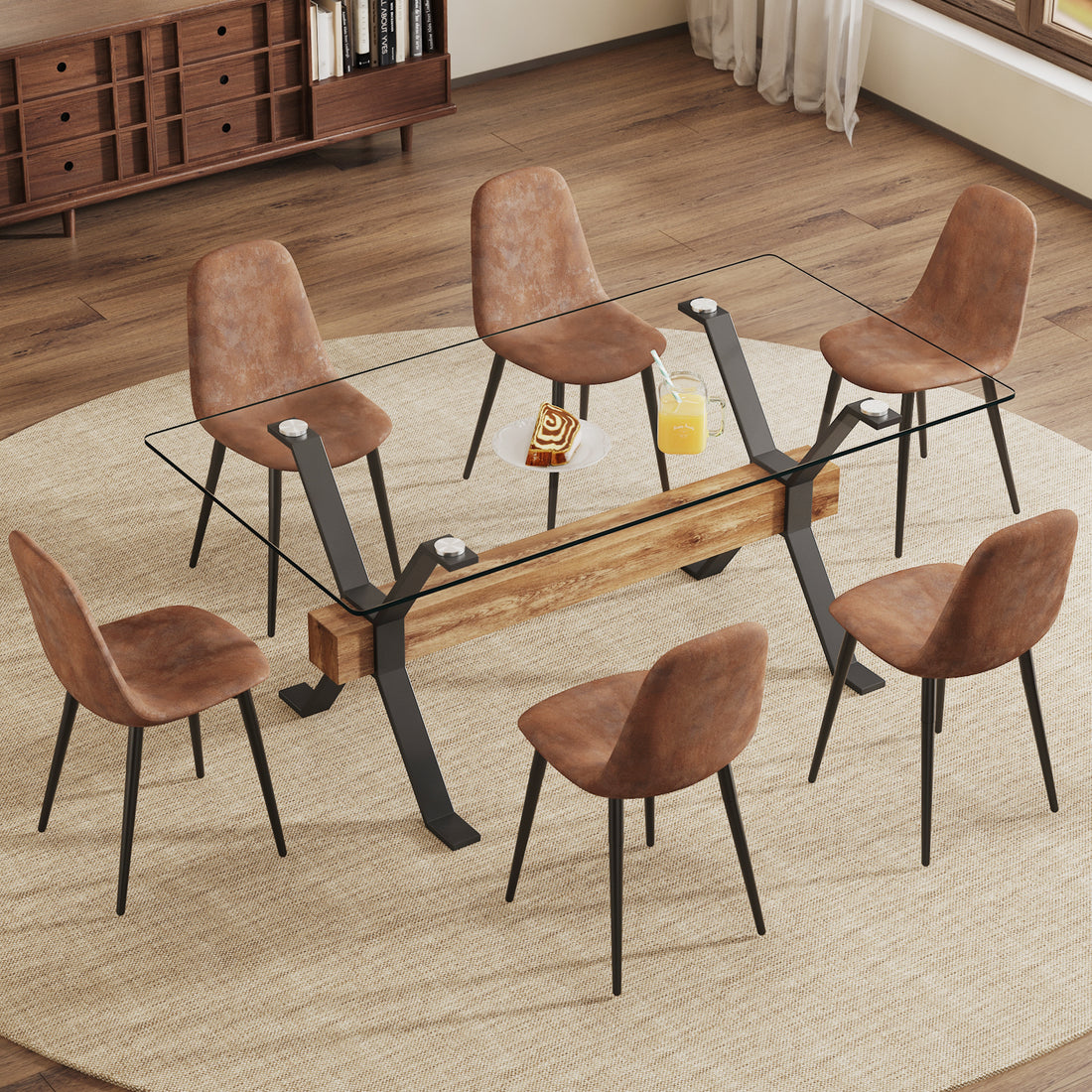 Dining Table. Modern Tempered Glass Dining Table. Large Modern Office Desk With Black Metal Legs And Mdf Crossbars, Suitable For Home And Office Use. 6 High End Cushioned Seats.F1105 B0501A Transparent Mdf Glass