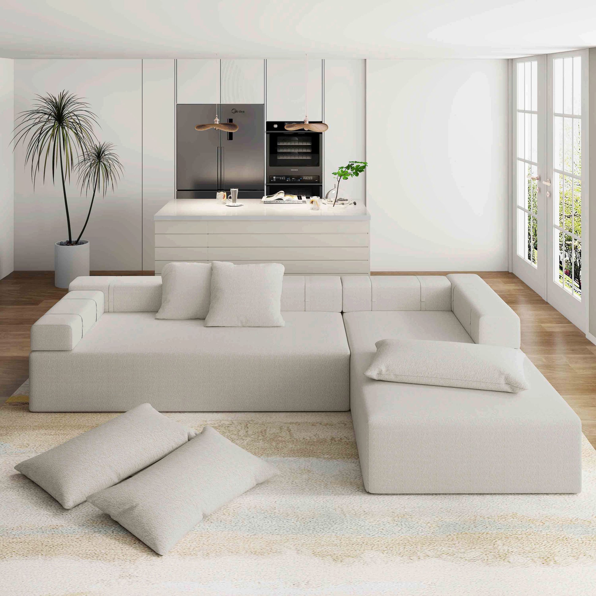 Modern Upholstered Sectional Sofa Couch Set,Modular 108" L Shaped Sectional Living Room Sofa Set With 6 Pillows,Free Combination Sofa Couch For Living Room,Bedroom Ivory Foam Chenille 3 Seat