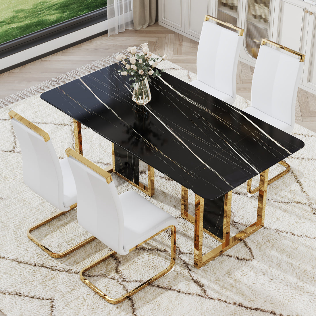 Table And Chair Set. Modern Dining Table With Mdf Top And Beautiful Mdf Legs. Equipped With Comfortable Pu Chairs And Metal Legs. Suitable For A Wide Range Of Decorative Styles. Black,White Seats 4 Mdf