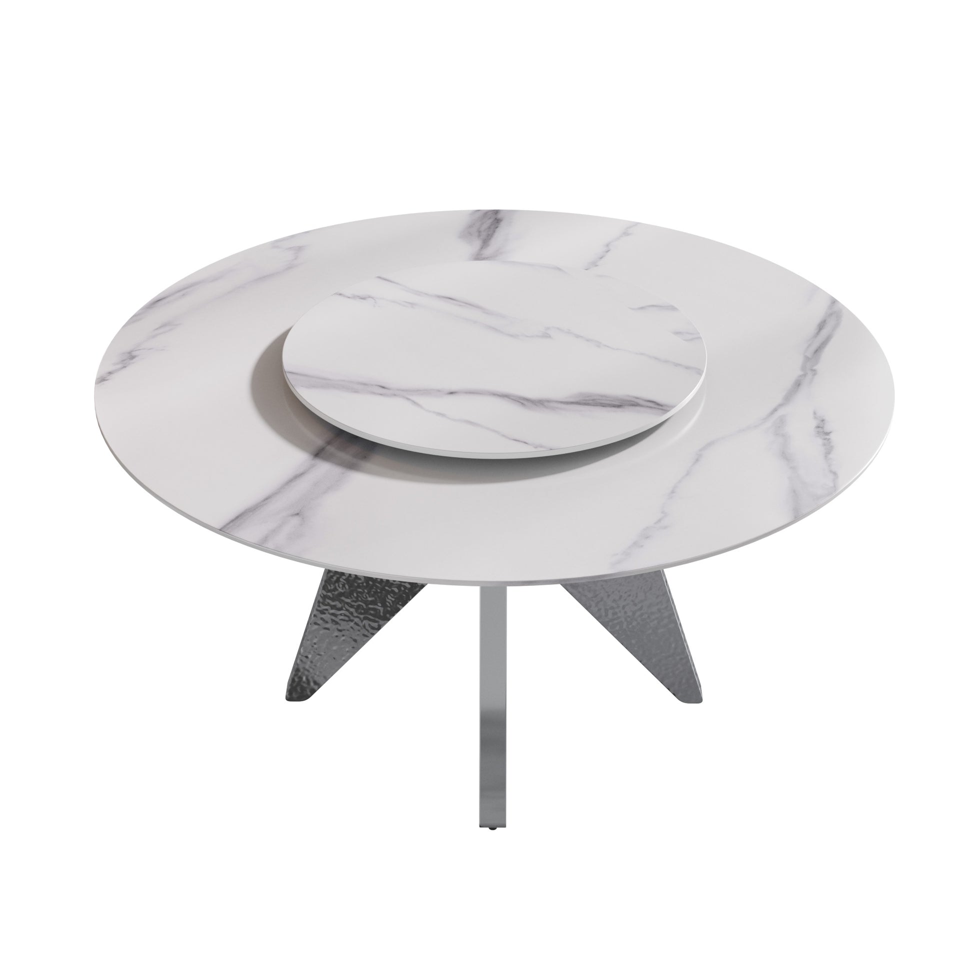 59.05" Round Marble Dining Table With Silver Stainless Steel Design Base, Artificial Marble For 6 8 People, 31.5"White Artificial Stone Turntable,White Dining Table Only Silver,White Dining Room