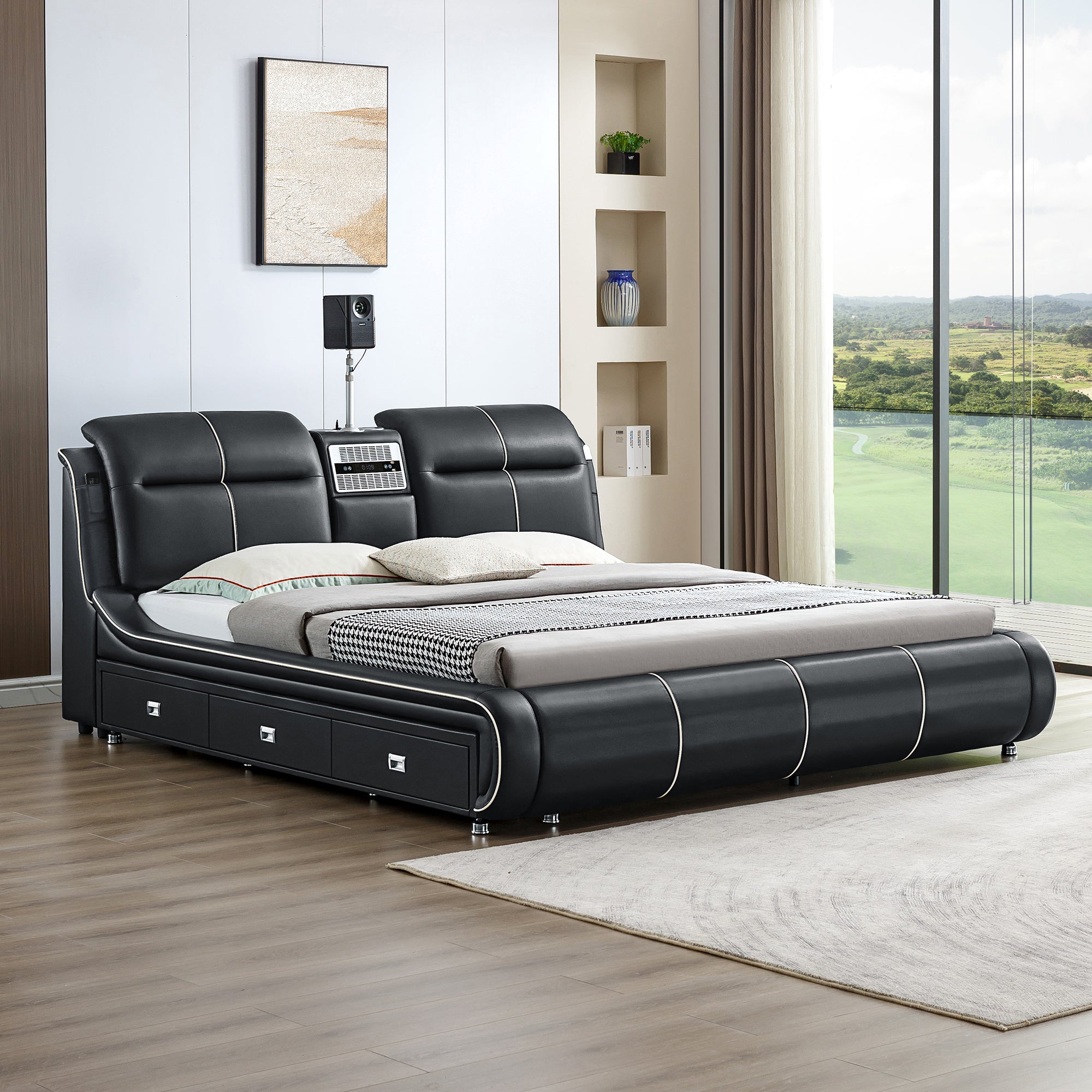 Multifunctional Upholstered Storage Bed Frame, Massage Chaise Lounge On Left, King Size,Black King Black Leather