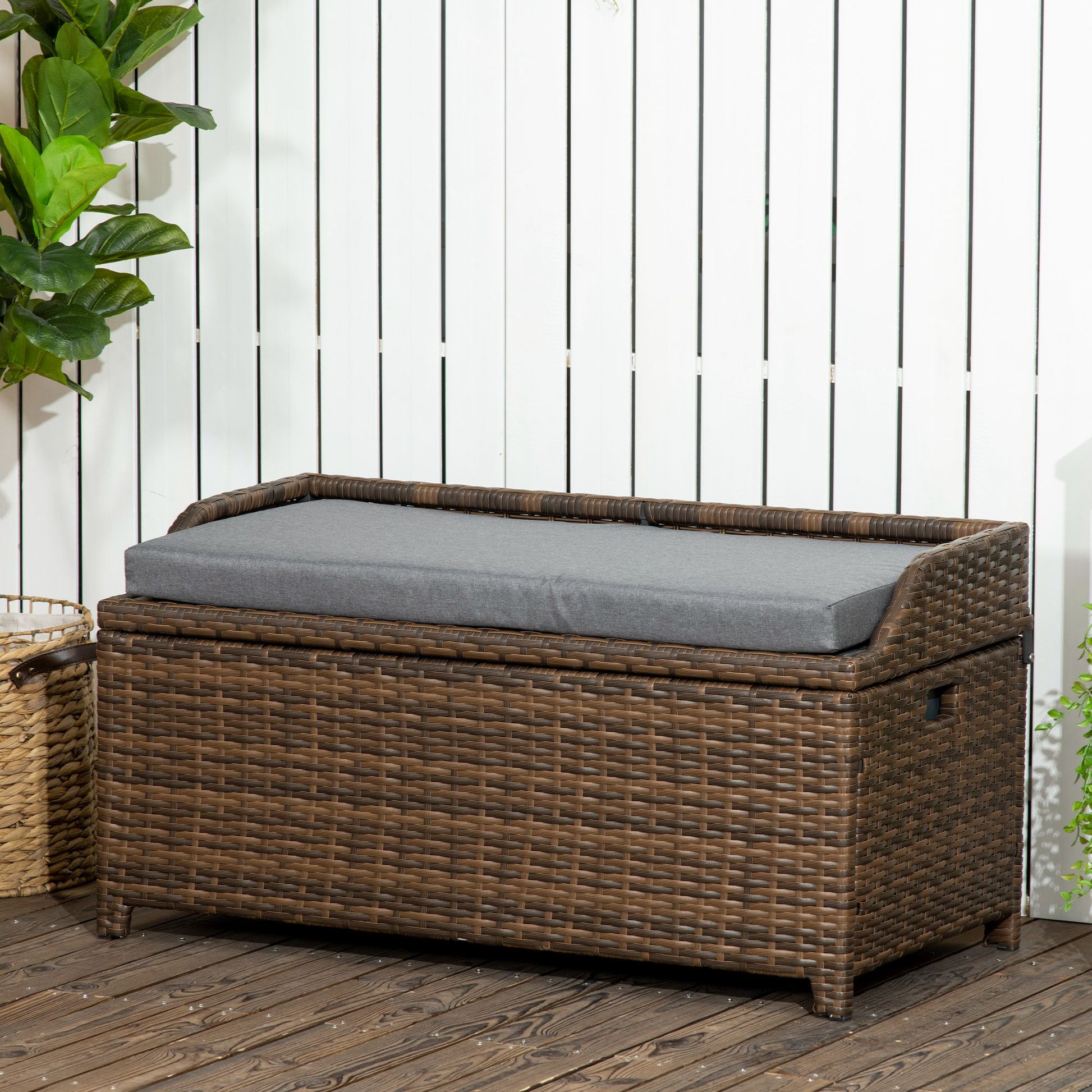 Outsunny Outdoor Wicker Storage Bench Deck Box, Pe Rattan Patio Furniture Pool Container Storage Bin With Interior Waterproof Bag And Comfortable Cushion, Gray Grey Aluminum