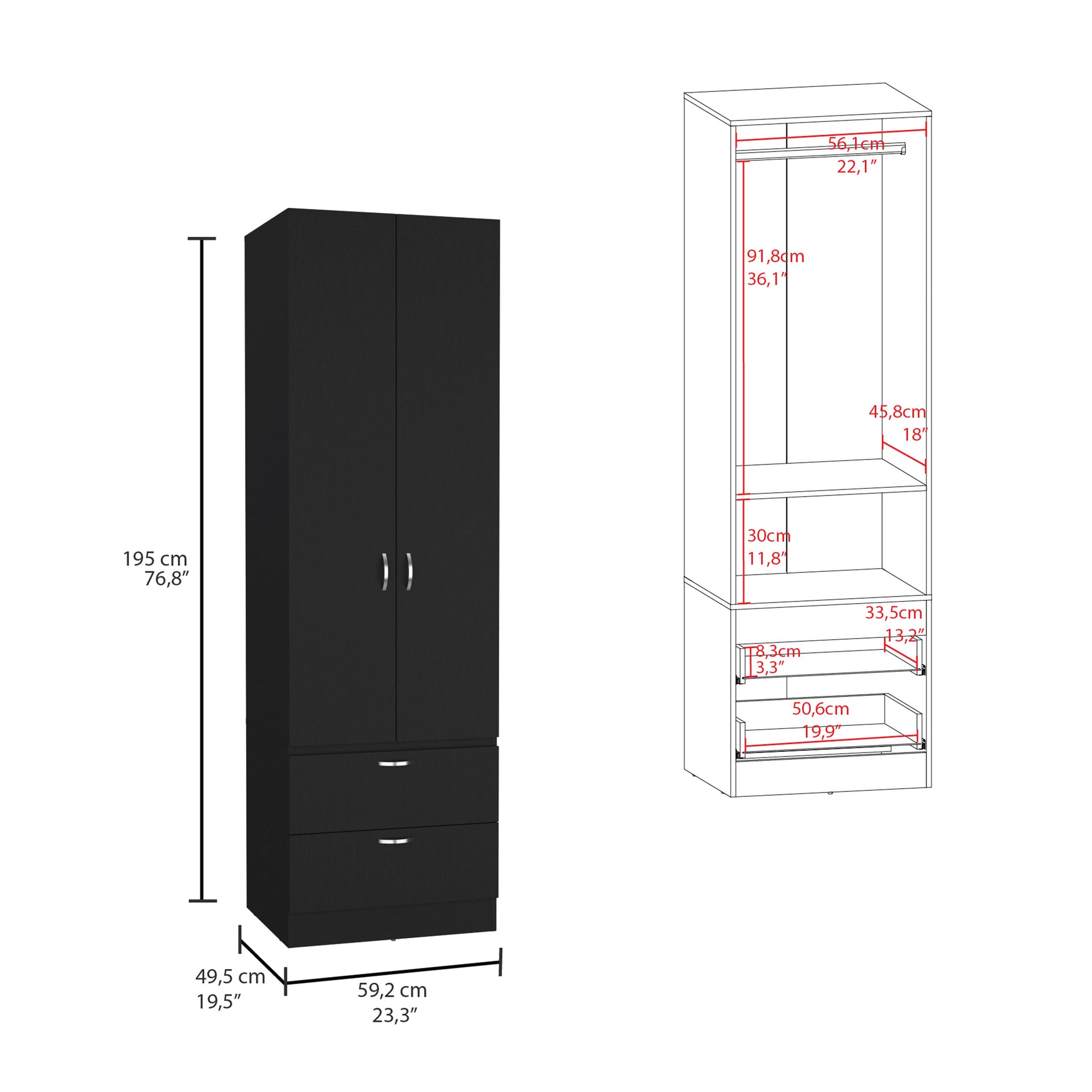 Vico 76" High Armoire Wardrove Closet With 2 Drawers, Double Door Cabinetone Shelf And Hanging Rod, Bedroom Clothes Storage Cabinet Organizer Black Bedroom Modern Particle Board Engineered Wood