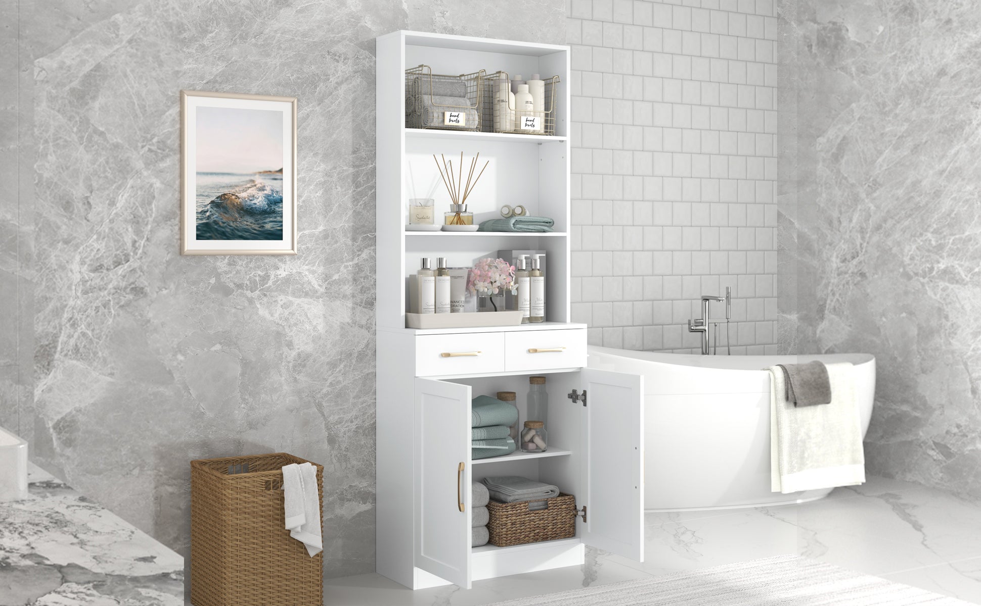 Bathroom Storage Cabinet, Cabinet With Two Doors And Drawers, Adjustable Shelf, Three Layer Open Shelf, Mdf Board, White White Mdf