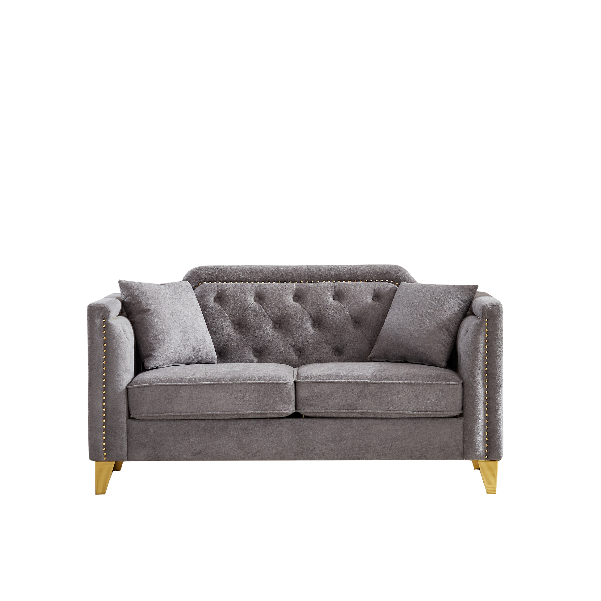 Fx 61.5"Mid Century Design Modern Sofa,Chenille Pull Buckle Design Sofa For Living Room,Buttons Tufted With Copper Nail Decoration Armrest, With 2 Pillows,Modern Couch Upholstered Button And Metal Leg Grey Chenille Wood Pine Foam Fabric 2 Seat