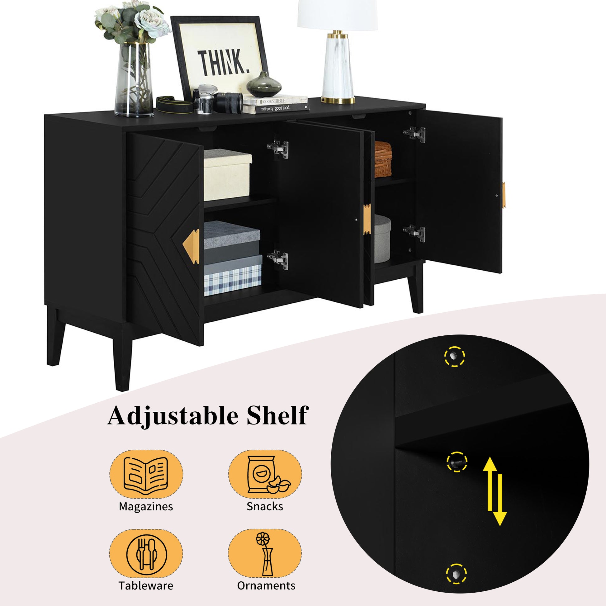 4 Door Sideboard Storage Cabinet For Living Room And Dining Room, Two Large Cabinets With Gold Handles And Adjustable Shelf, Black Black Rubberwood Solid Wood Mdf