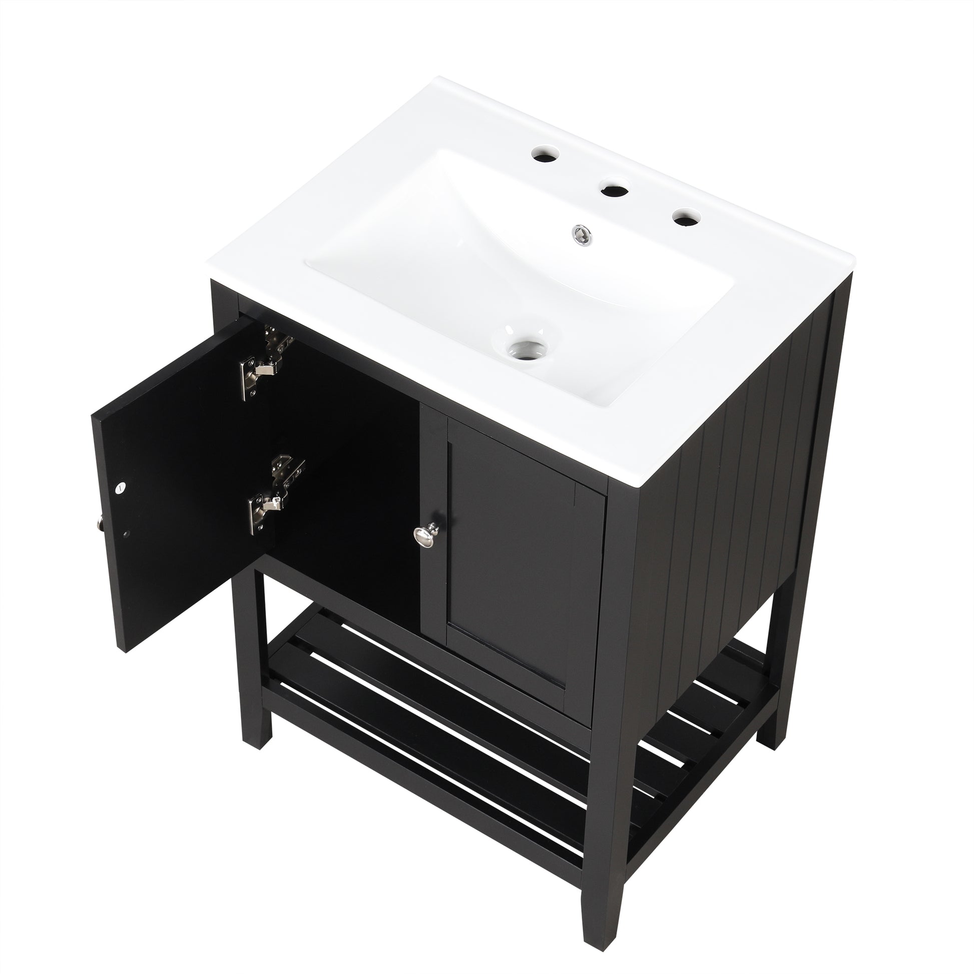 Video 24" Black Modern Sleek Bathroom Vanity Elegant Ceramic Sink With Solid Wood Frame Open Style Shelf Black Solid Wood Mdf