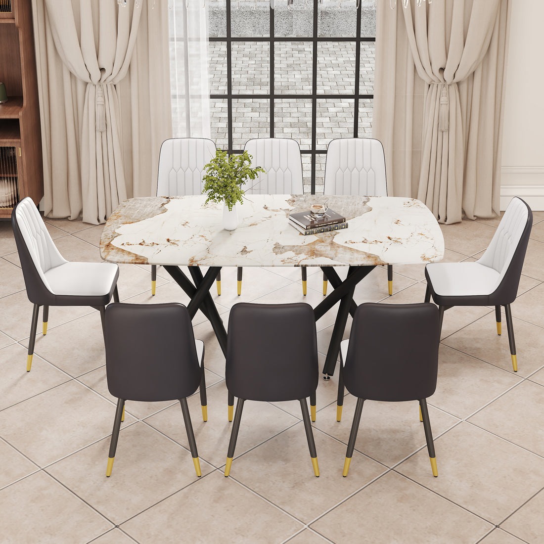 1 Table And 8 Chairs Set.A Rectangular Dining Table With A 0.39 Inch Imitation Marble Tabletop And Black Metal Legs.Paired With 8 Chairs With Pu Leather Seat Cushion And Black Metal Legs.F 1538,C 007 Black Glass Metal