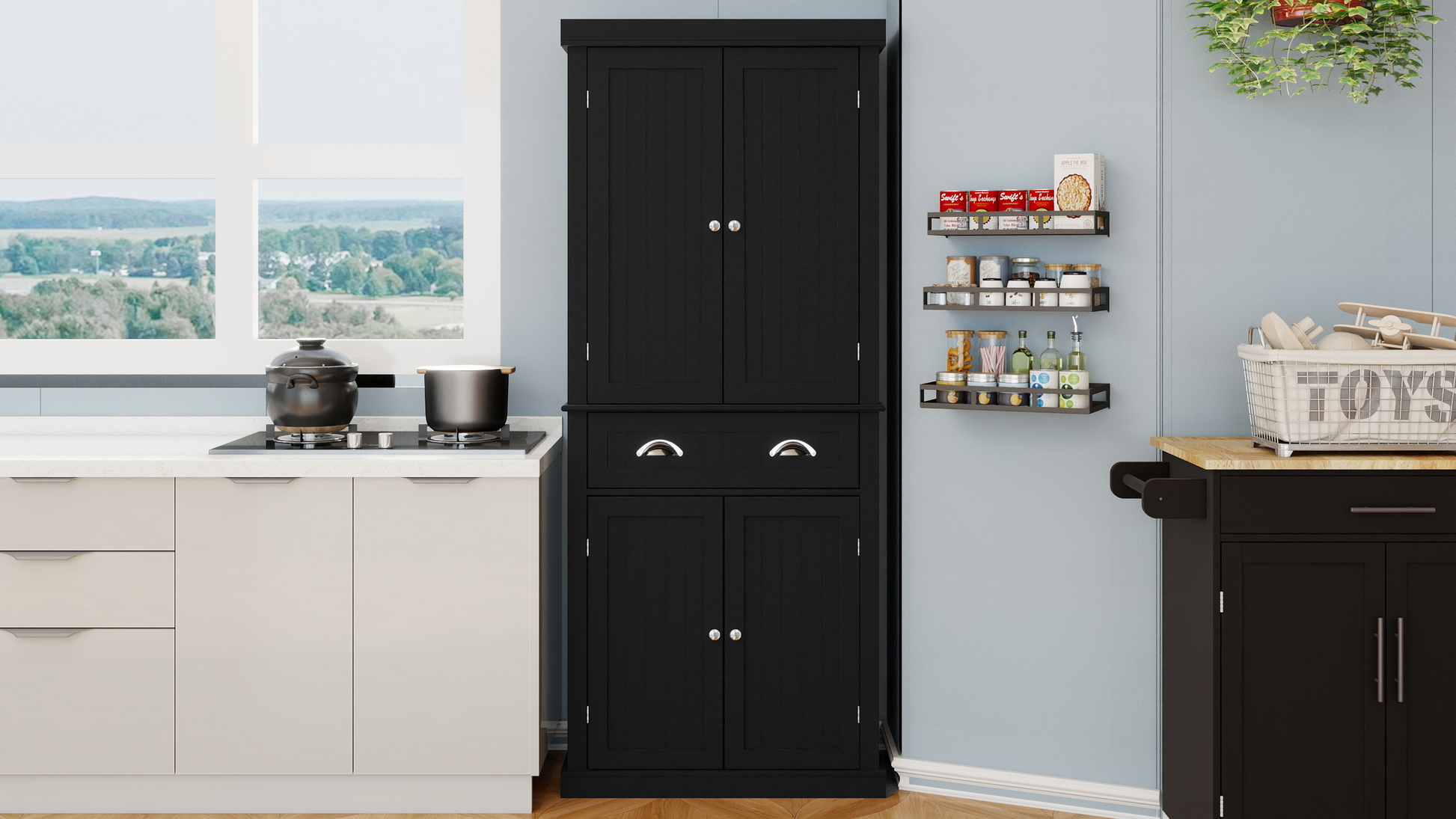 71" Kitchen Pantry Storage Cabinetwith 4 Doors, Drawer, 2 Adjustable Shelves, Freestanding Cupboard For Dining Room Living Room, Laundry Black Black Mdf