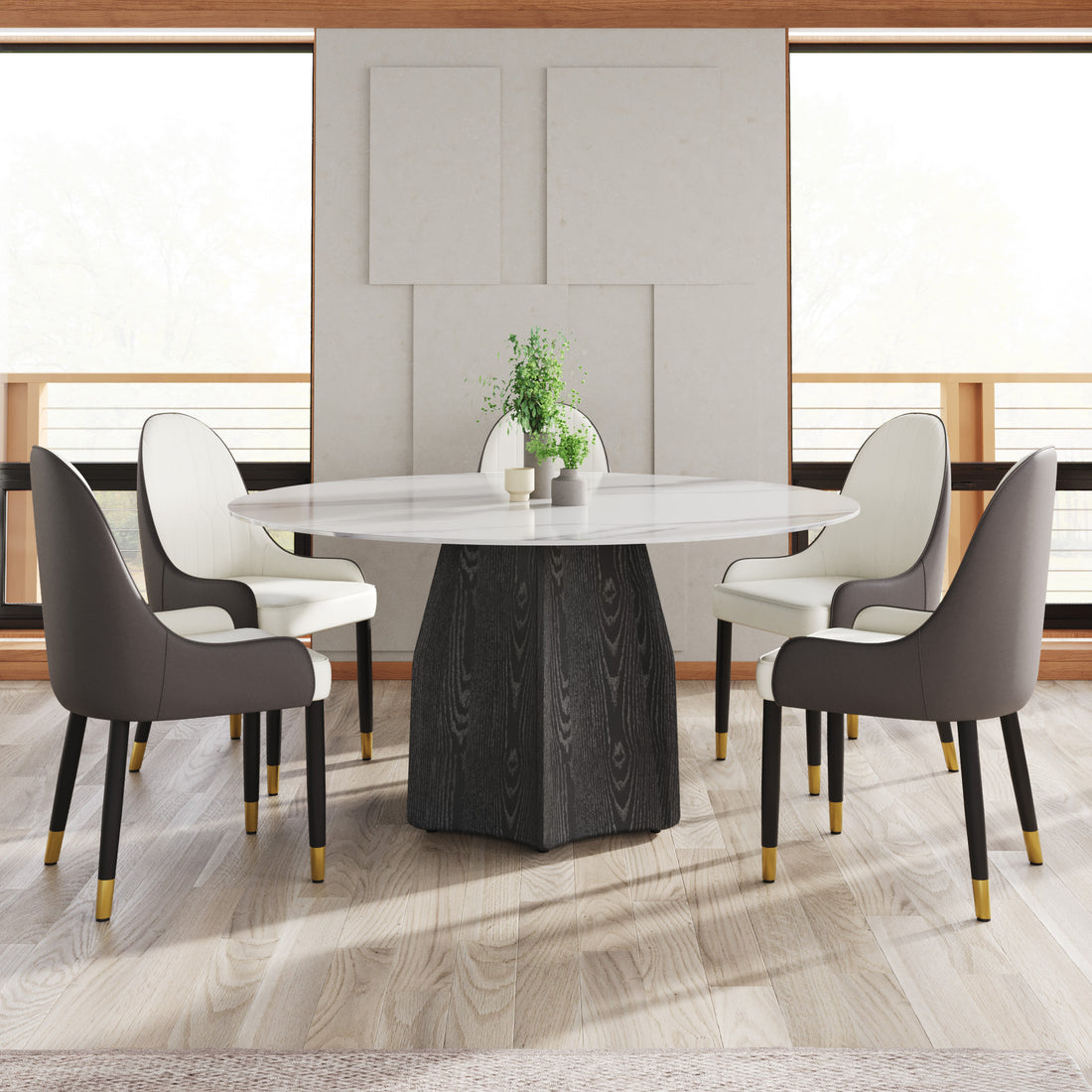 59.05" Round Marble Dining Table With Black Textured Solid Wood Base, Artificial Marble For 6 8 People, Dining Room Living Room Kitchen Dining Table,White Dining Table Only Black,White Dining Room