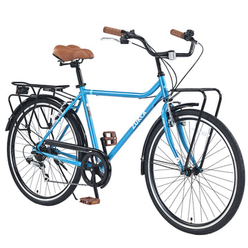 7 Speed, Steel Frame, Multiple Colors 26 Inch Vintage Style Bike,Retro Commute Bike For Women And Men Blue Steel