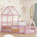 Wooden Floor Bed With Fence Railings And Detachable House Shape Headboard, Twin Size Bed With Kids Dress Up Rack, Kids Montessori Style Playhouse Frame For Girls Boys, Pink Twin Pink Wood