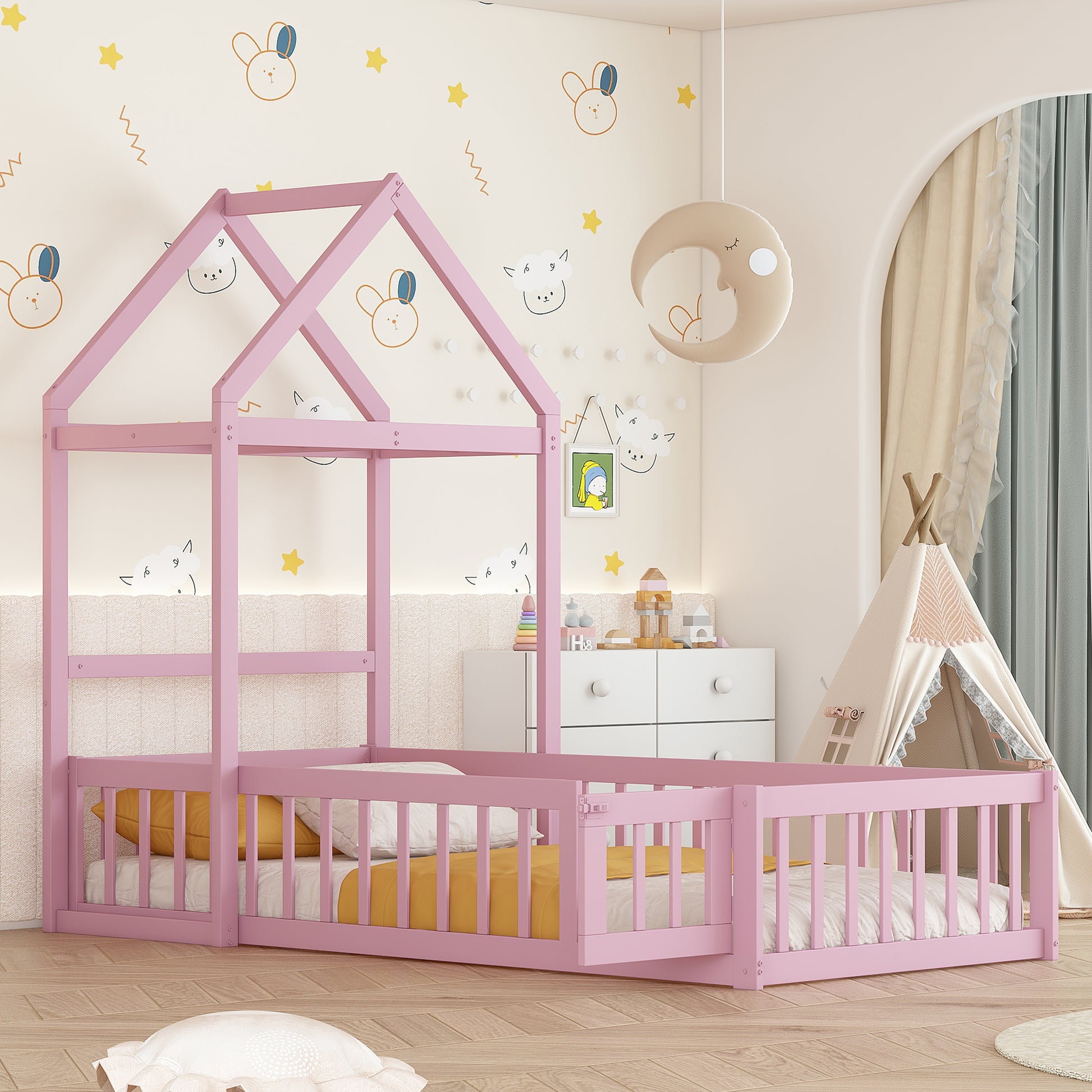 Wooden Floor Bed With Fence Railings And Detachable House Shape Headboard, Twin Size Bed With Kids Dress Up Rack, Kids Montessori Style Playhouse Frame For Girls Boys, Pink Twin Pink Wood