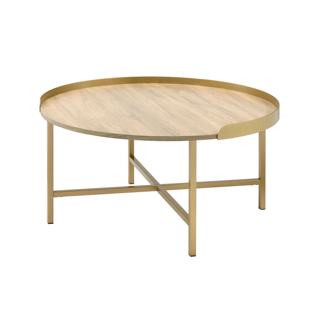 Oak And Gold Coffee Table With Tray Top Oak Primary Living Space Modern Round Wood Metal