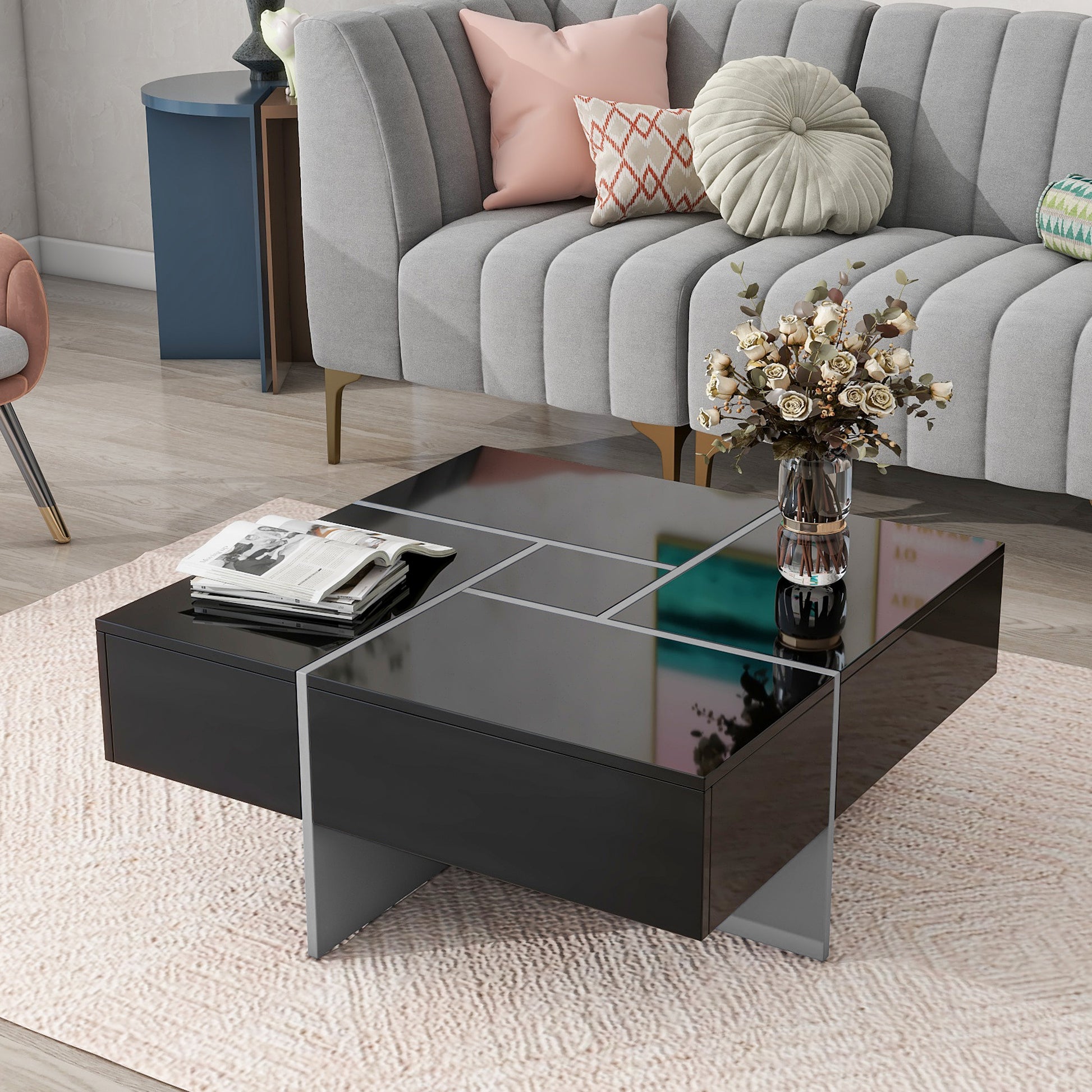 Unique Design Coffee Table With 4 Hidden Storage Compartments, Square Cocktail Table With Extendable Sliding Tabletop, Uv High Gloss Design Center Table For Living Room, 31.5"X 31.5" Black Soft Close Drawers Primary Living Space Freestanding Square