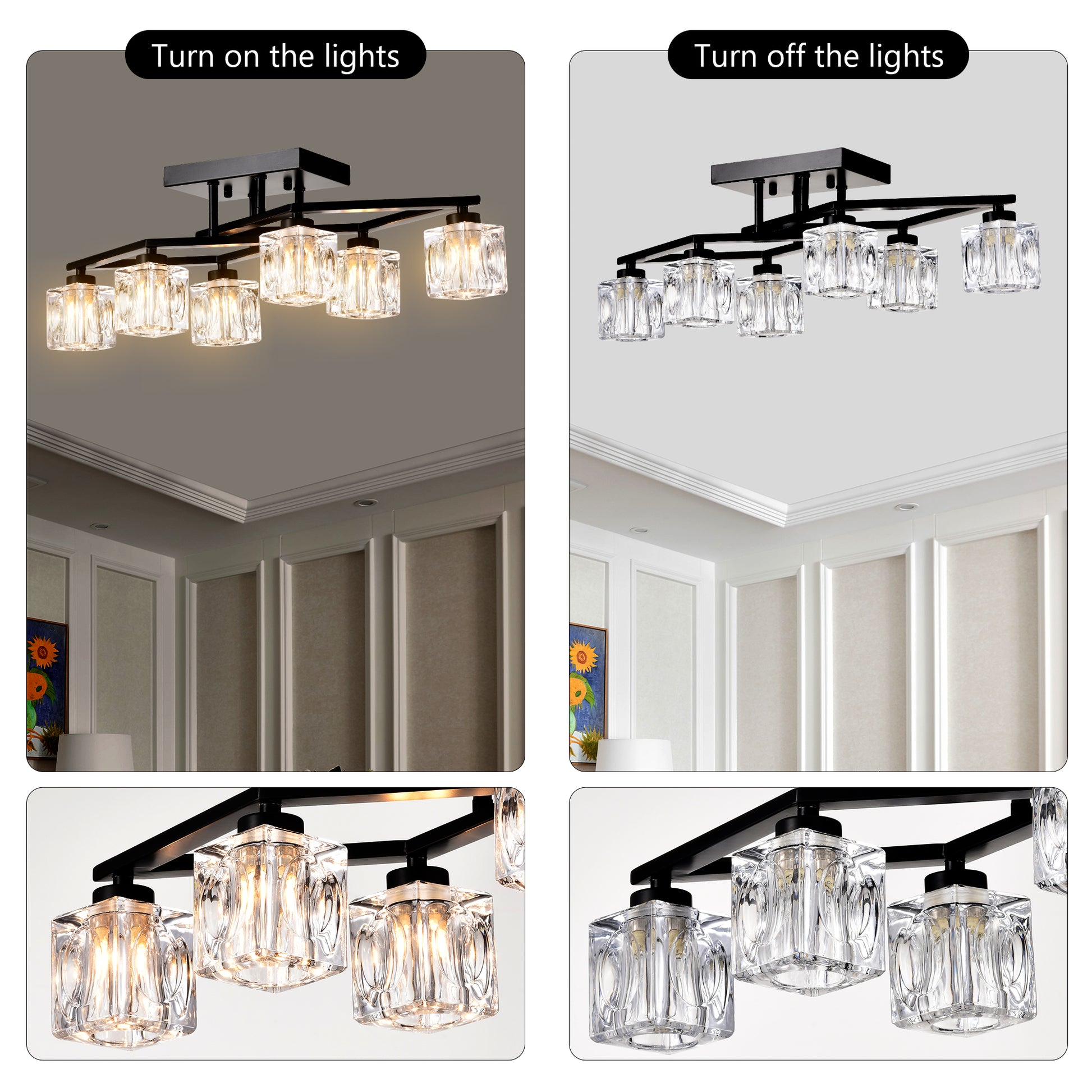 6 Light Crystal Ceiling Light For Dining Room, Modern Ceiling Lamp With Light Fixture For Farmhouse Entryway Living Room 6*G9 Bulbs Included Matte Black Ceiling Lights American