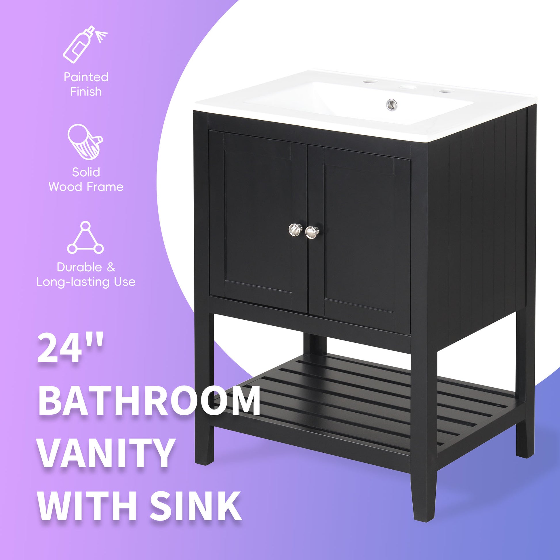 Video 24" Black Modern Sleek Bathroom Vanity Elegant Ceramic Sink With Solid Wood Frame Open Style Shelf Black Solid Wood Mdf