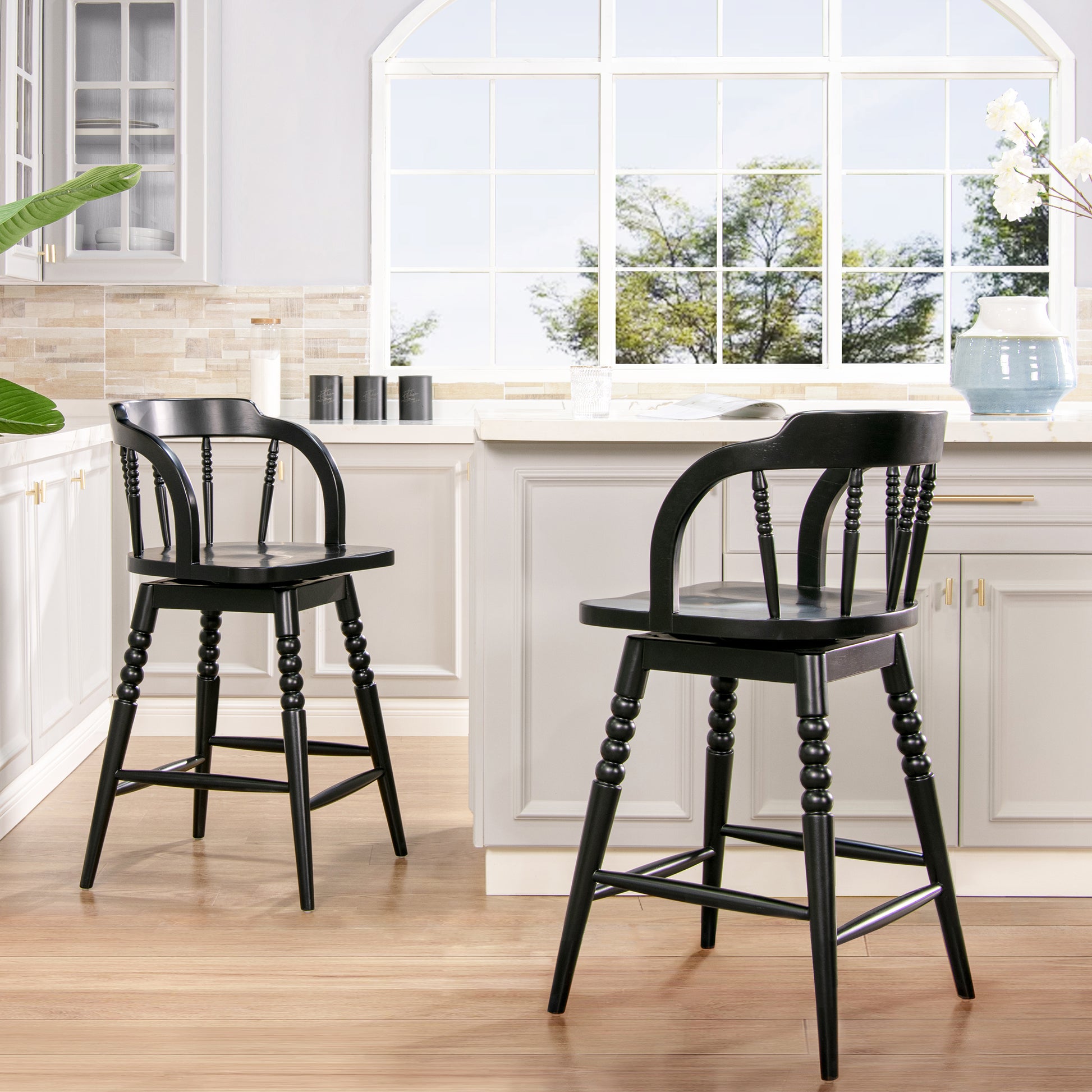 Breda 25.5" Turned Bubble Spindle Low Back Wood Counter Stool, Black Black Rubberwood Solid Wood