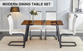 Table And Chair Set. Large Modern Rectangular Table With Brown Glass Top And Black Metal Legs. It Is Equipped With Soft And Comfortable Pu Seats, Faux Leather Upholstered Seats, And Sturdy Metal Legs. White Seats 4 Glass Metal