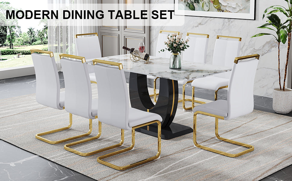 Table And Chair Set, Modern Dining Table, Patterned Table Top And Black Mdf Tablel Eg, Soft And Comfortable Dining Chair, Perfect For Dinner, Meetings, Home And Office Decor White Black Mdf Glass