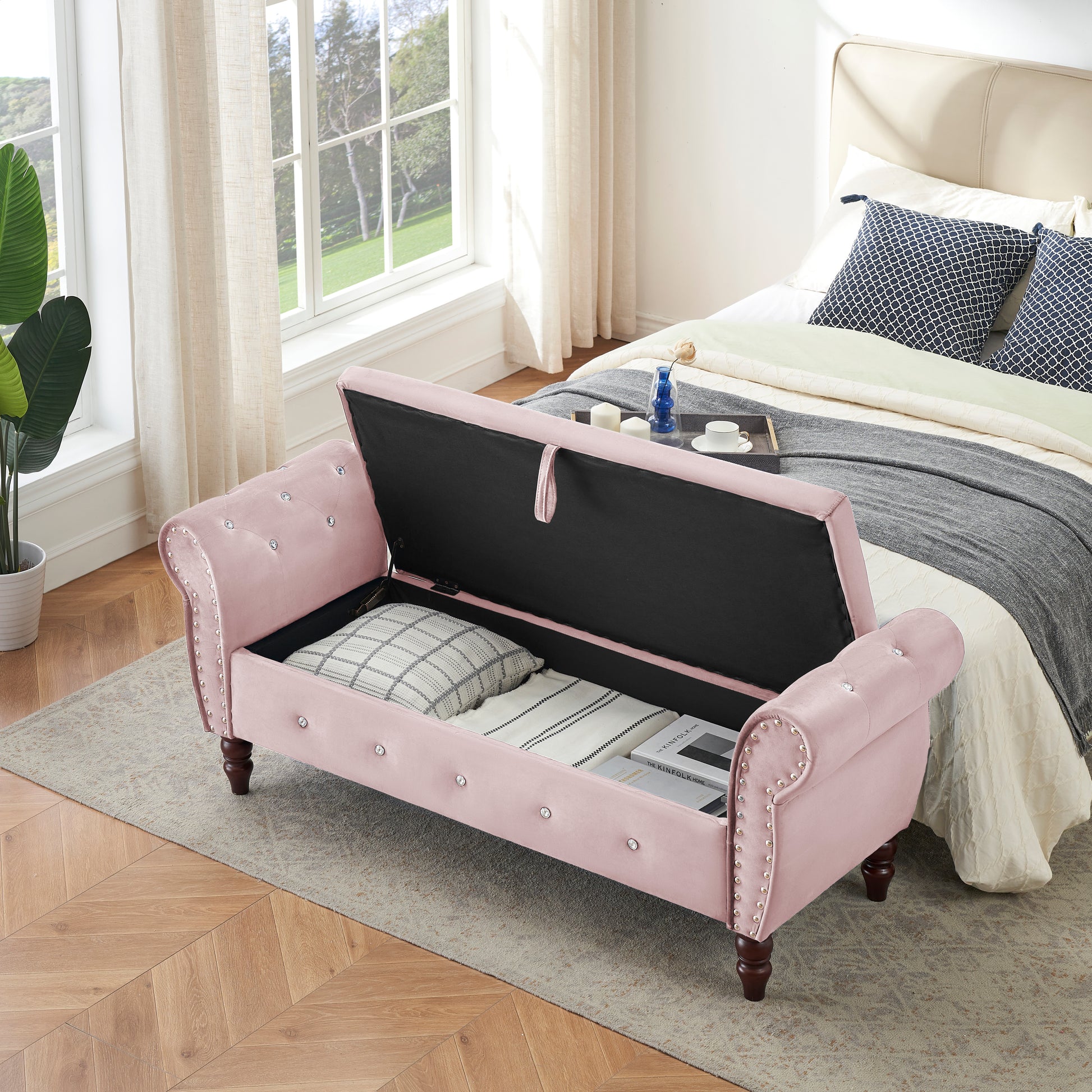 63.38"Velvet Multifunctional Storage Rectangular Ottoman Bench Comes With Crystal Buckle Solid Wood Legs With 1 Pillow,Pink Pink Velvet