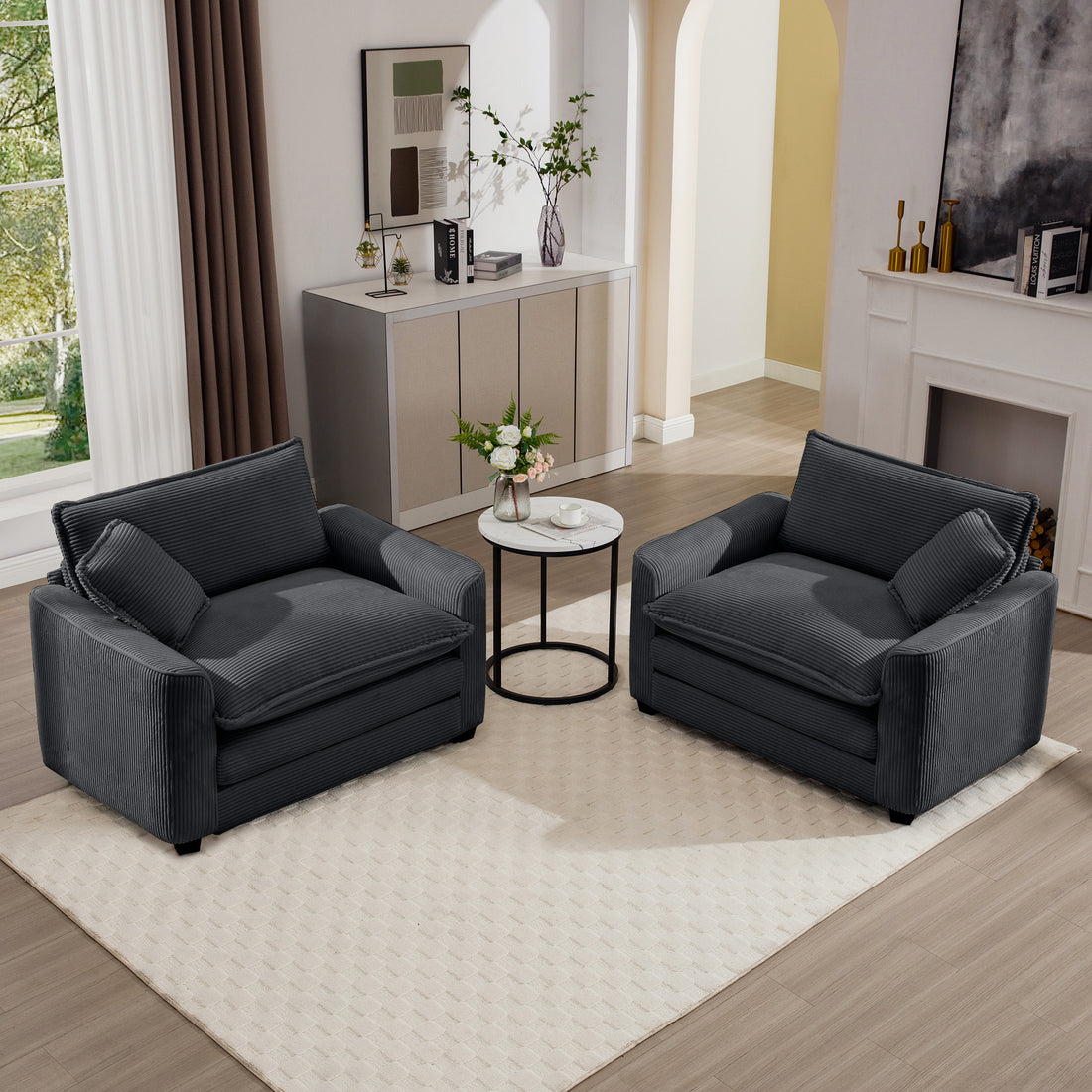 Luxurious And Sophisticated Deep Seated Sofa Set With Two Single Chairs In Grey Corduroy Fabric, Suitable For Bedroom And Office Grey Corduroy 2 Seat