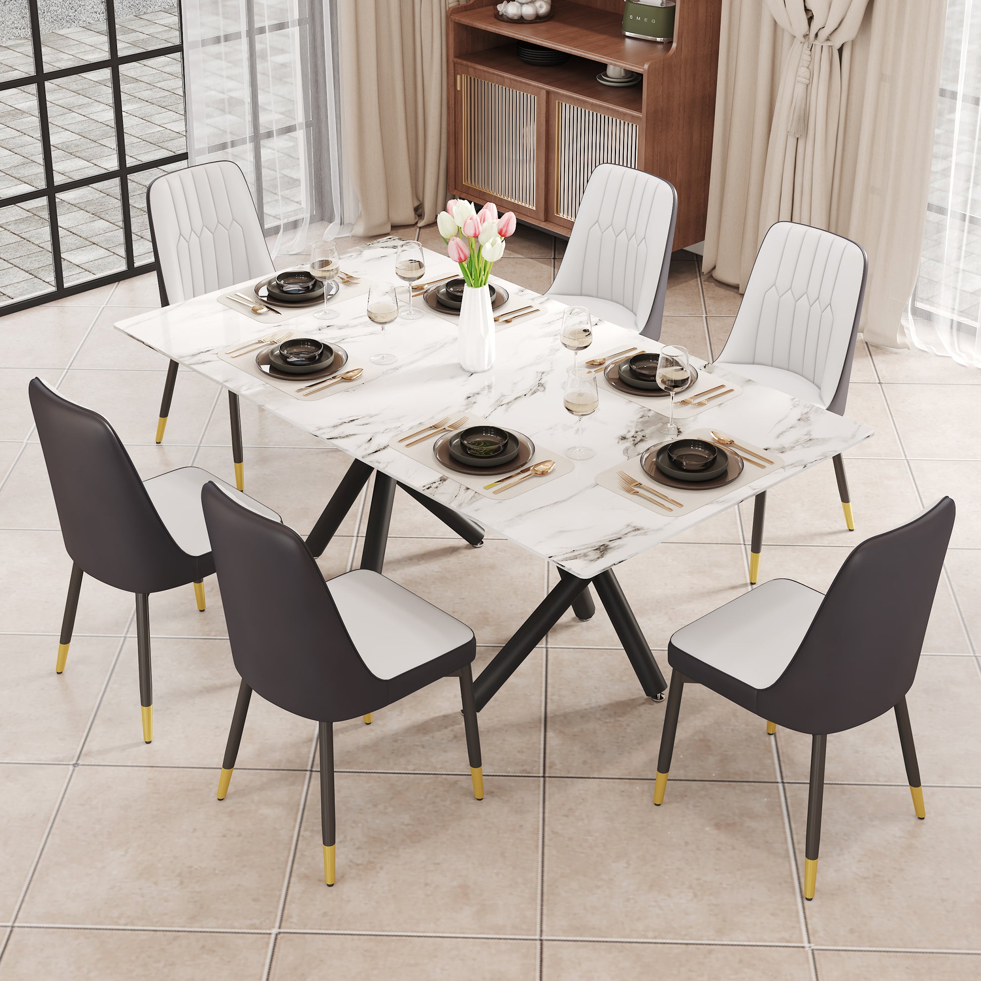 1 Table And 6 Chairs. A Rectangular Dining Table With A White Imitation Marble Tabletop And Black Metal Legs. Paired With 6 Chairs, Equipped With Pu Leather Seat Cushions And Black Metal Legs. F 1538 Black Glass Metal