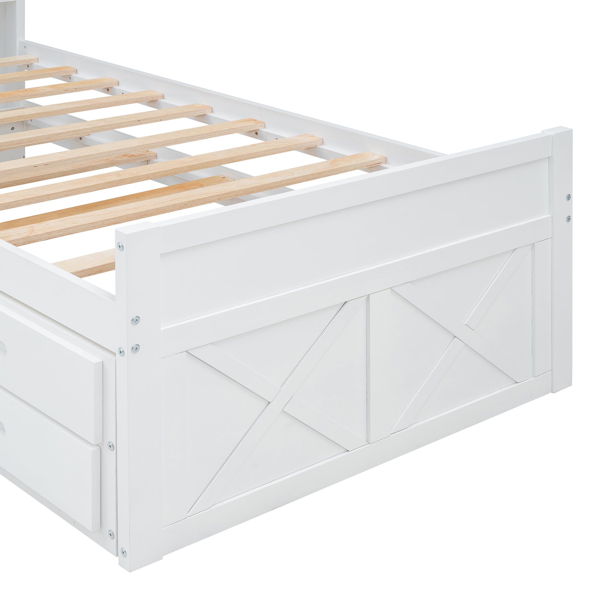Twin Size Wooden Bed With Storage Headboard With Outlets, Extendable Bed With Twin Size Trundle With Three Storage Drawers,White Twin White Wood
