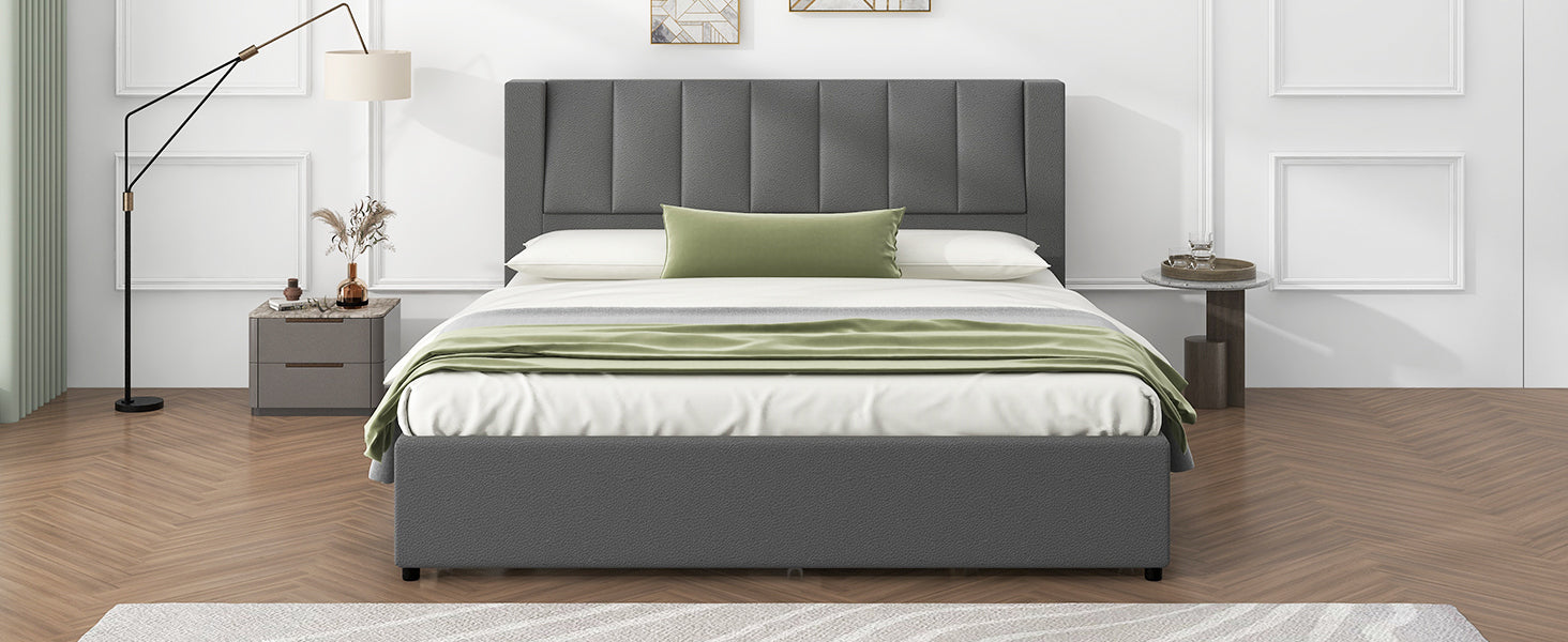 King Size Upholstery Platform Bed With Storage Headboard, 2 Drawers And Trundle, Gray King Gray Upholstered