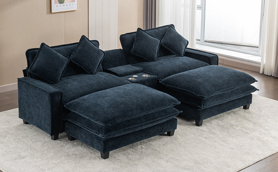 112.6" Sectional Sofa Chenille Upholstered Sofa With Two Removable Ottoman, Two Usb Ports, Two Cup Holders And Large Storage Box For Living Room, Blue Blue Foam Chenille 2 Seat