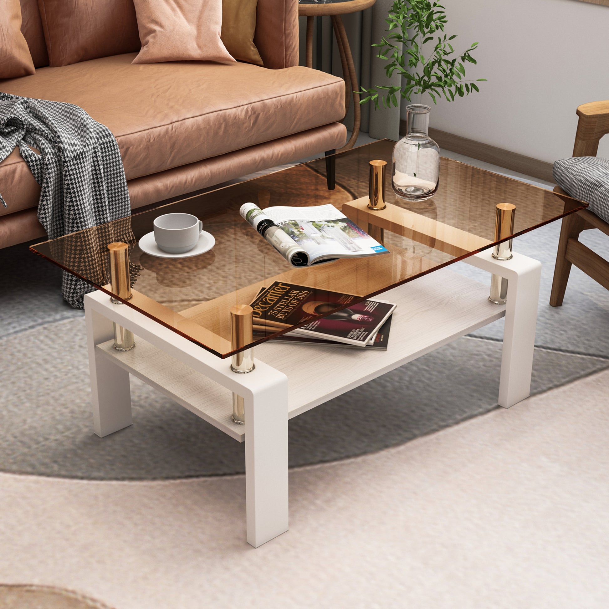 Rectangle Coffee Table, Tempered Glass Tabletop With Mdf Layer, Modern Table For Living Roombrown Glass Brown White Tempered Glass