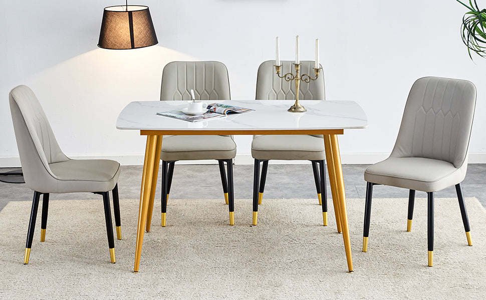 Table And Chair Set.A Morden Table With White Imitation Marble Patterned Stone Burning Tabletop With Golden Metal Legs.Paried With 4 Chairs With Pu Leather Backrest And Black Metal Legs. Light Gray,White Gold Seats 4 Metal,Sintered Stone