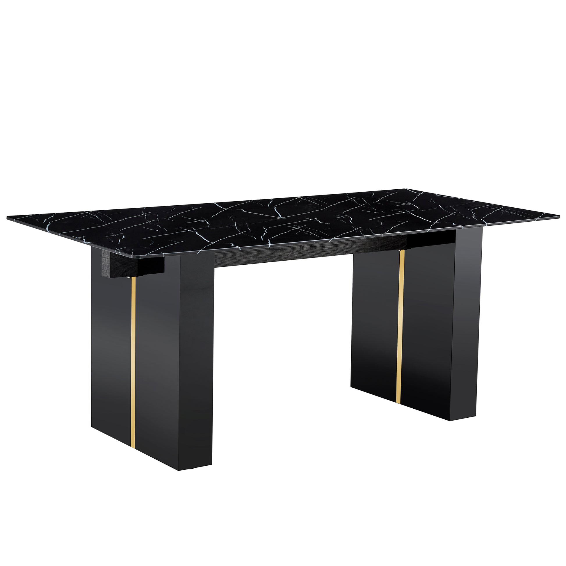 Large Modern Rectangular Table With 0.39 "Black Patterned Top And Large Mdf Legs, Suitable For Kitchen, Dining And Living Room 71" * 35.4 "* 30" 1546 Black Mdf Glass