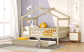 Full Size Wooden House Bed With Twin Size Trundle, Natural Full Natural Solid Wood Mdf