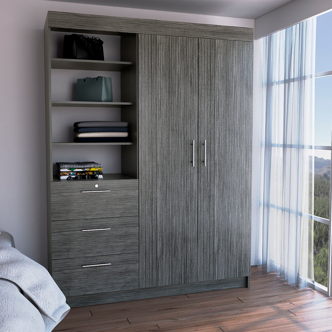 Kenya Armoire With Double Door, Three Drawers, 3 Tier Shelf And Double Hanging Rod Smokey Oak Smoke Grey Bedroom Modern Particle Board