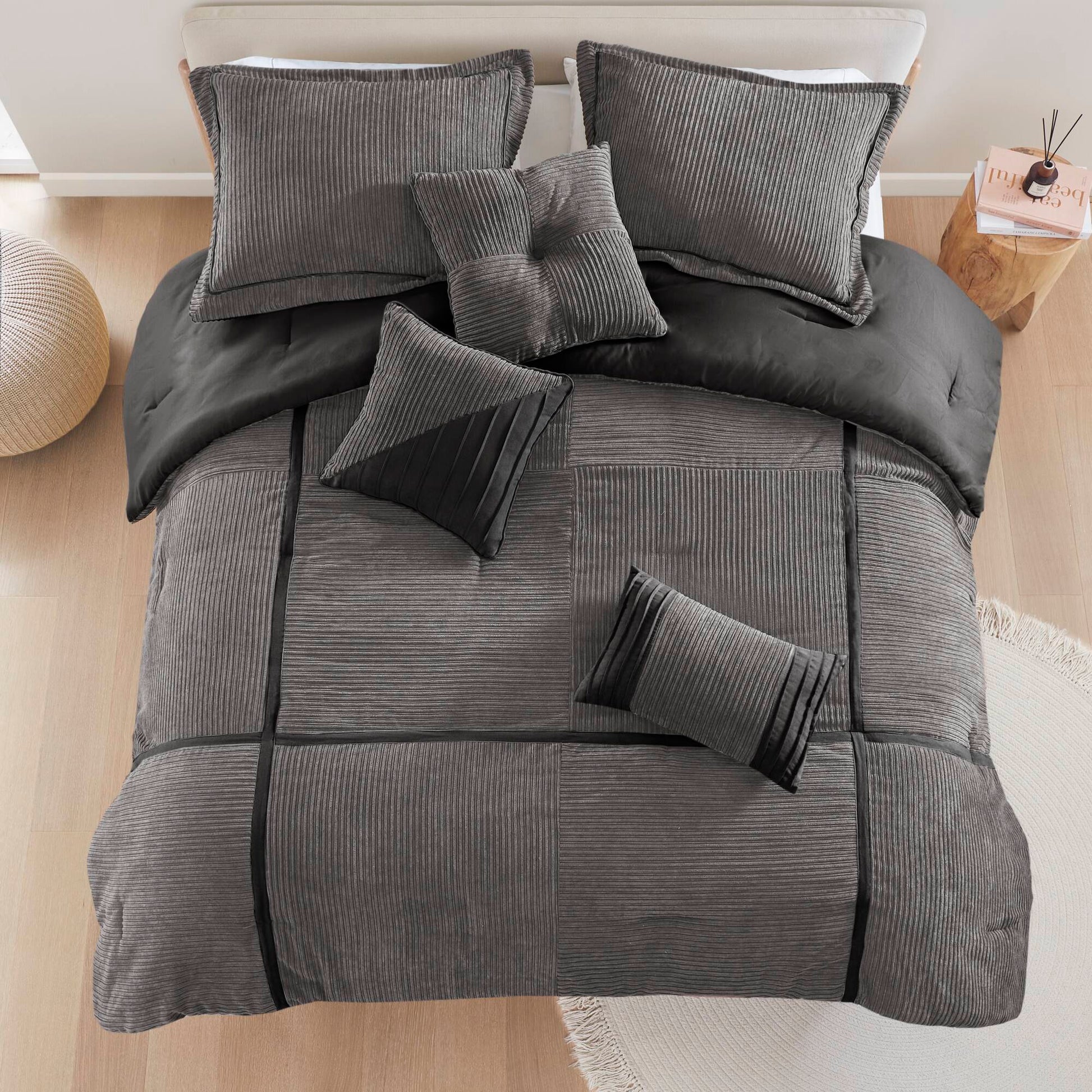 7 Piece Micro Corduroy Comforter Set Grey Queen Grey Polyester