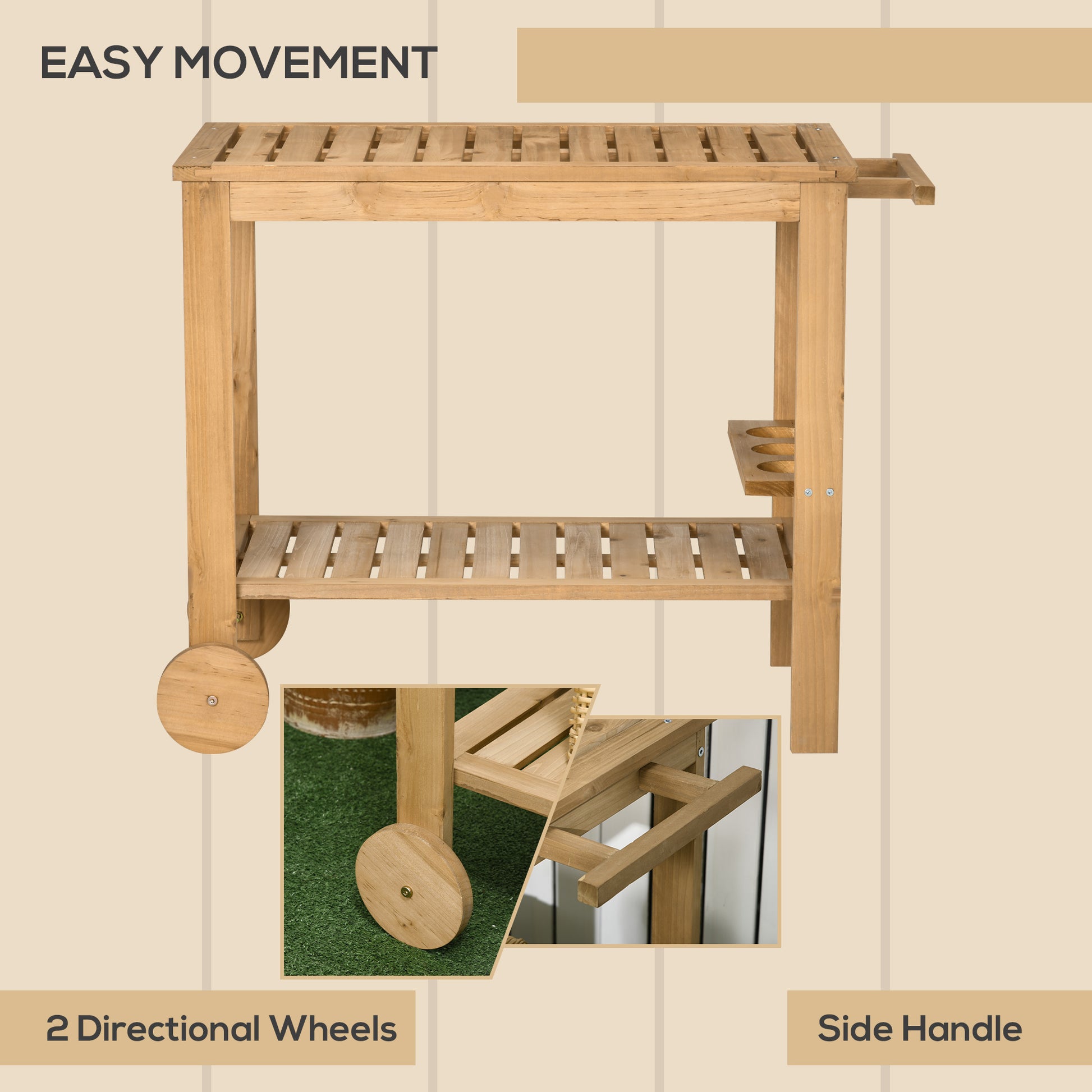 Outsunny Outdoor Bar Cart, Wood Rolling Home Bar & Serving Cart With 2 Shelves, Wine Bottle Holders For Garden, Dining Room, Natural Natural Wood