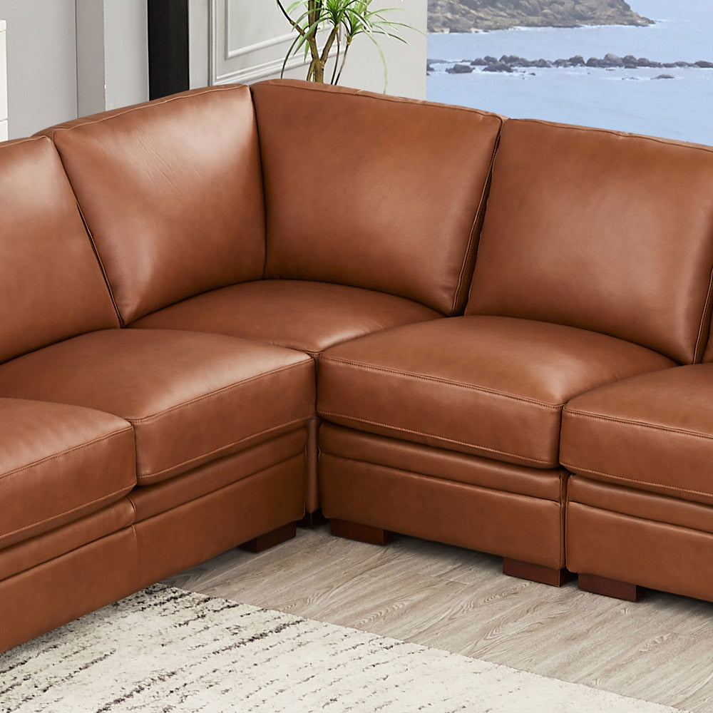 Dillon Leather L Shaped Sectional Brown Genuine Leather Wood Primary Living Space Medium Firm Cushion Back Mid Century Modern L Shaped Eucalyptus Square Arms Down Filling Leather 6 Seat