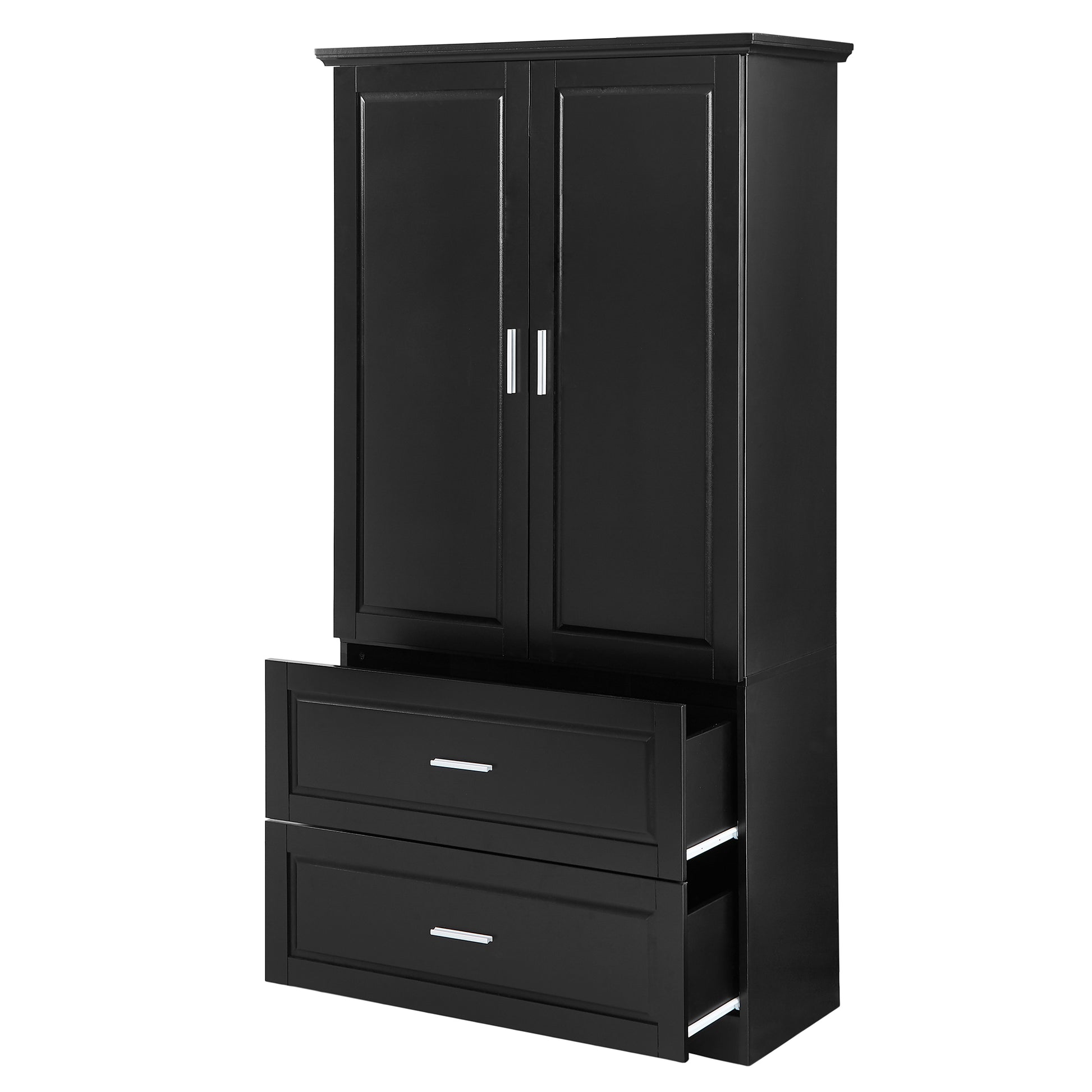 Tall Bathroom Storage Cabinet, Cabinet With Two Doors And Drawers, Adjustable Shelf, Mdf Board, Black Black Mdf