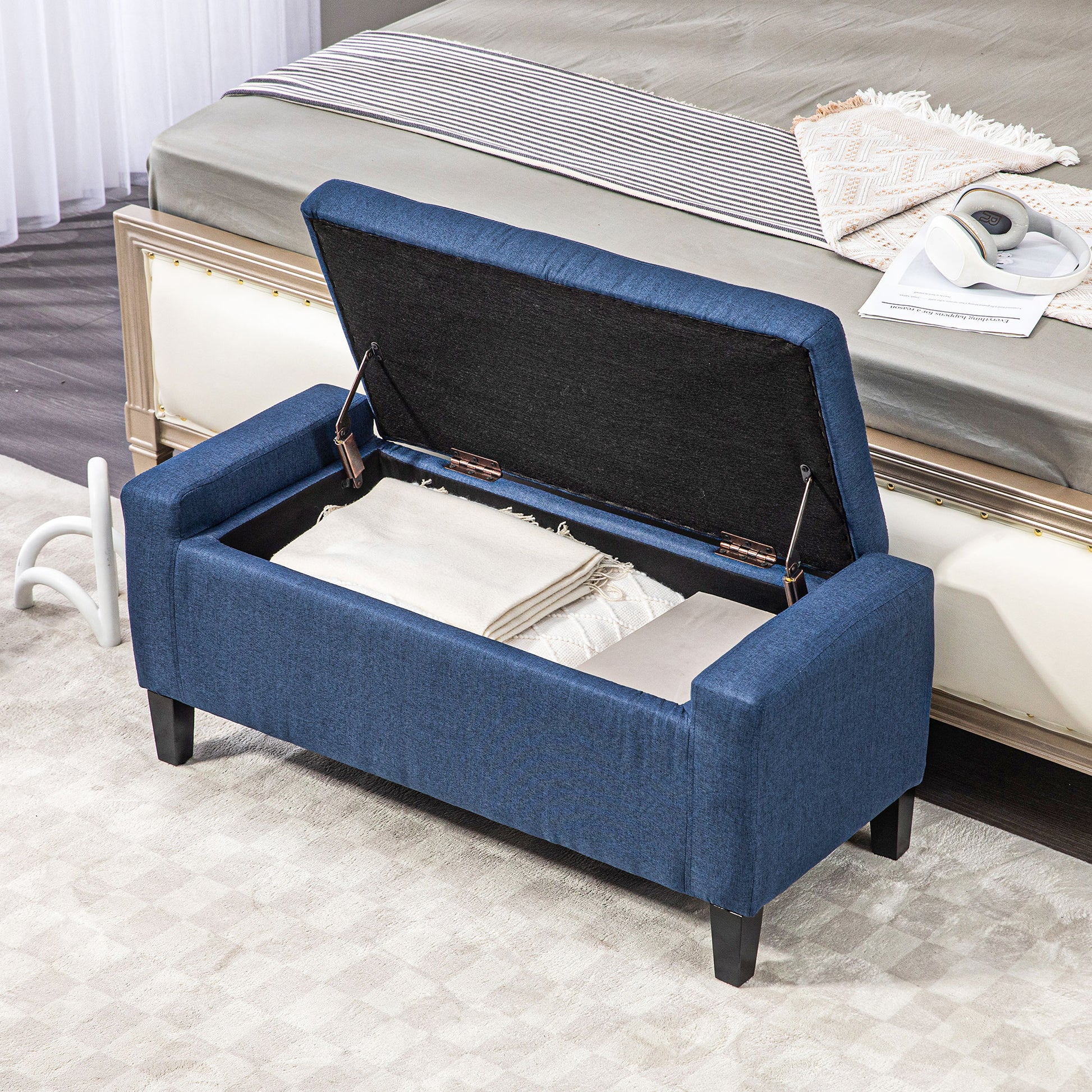 Homcom Storage Ottoman, Linen Upholstered Storage Bench With Lift Top And Button Tufted For Living Room, Dark Blue Blue Polyester