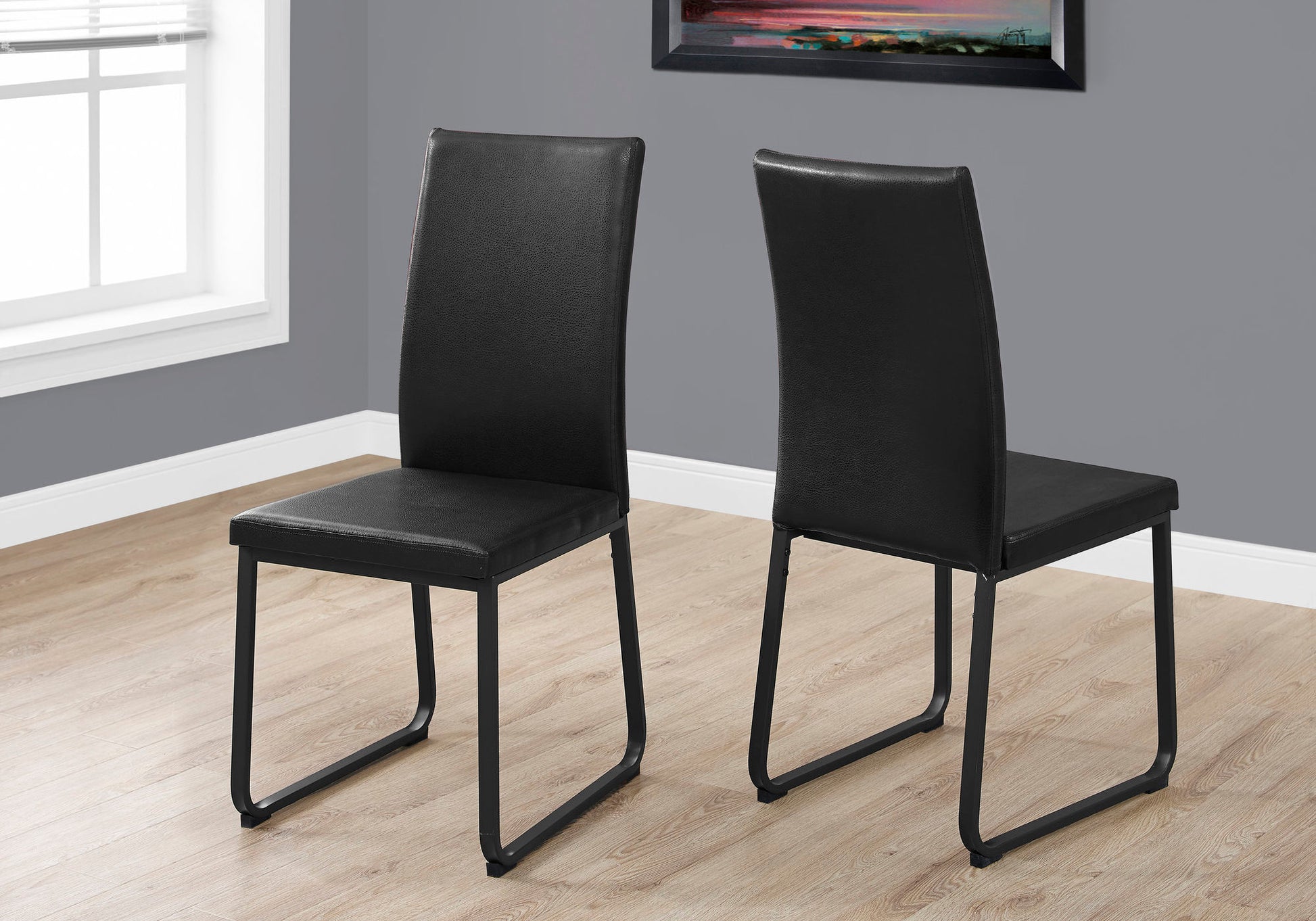 Dining Chair, Set Of 2, Side, Upholstered, Kitchen, Dining Room, Black Leather Look, Black Metal, Contemporary, Modern Black Foam Faux Leather