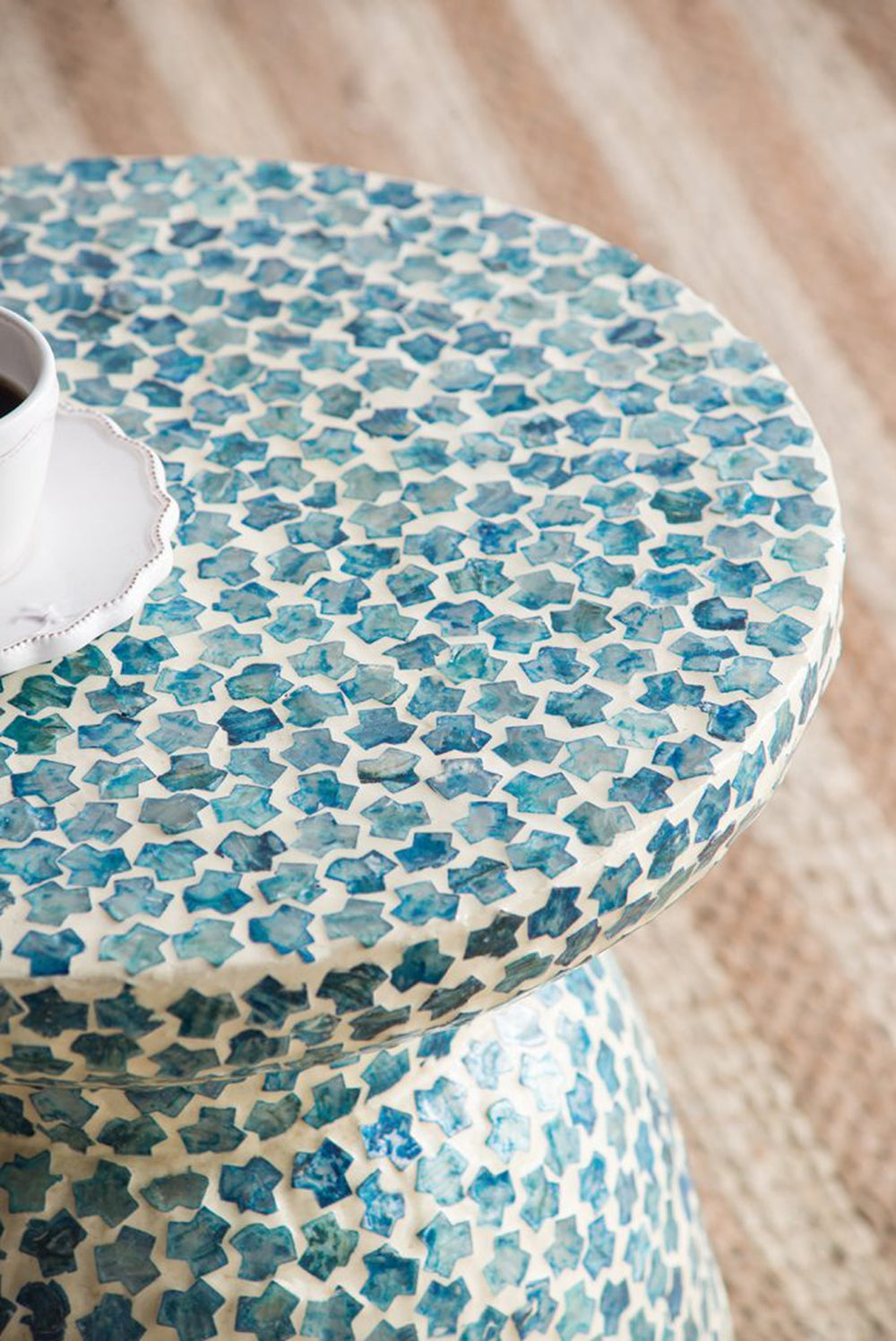 D15X16" Capiz Garden Stool Small Side Tabel, Blue Accent Round End Table Blue Primary Living Space Bamboo