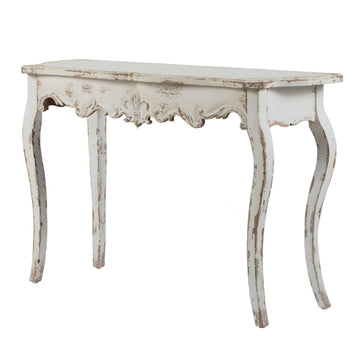 30 Inch Console Table, Fir Wood, Rectangle, Curved Legs, Distressed White White Wood