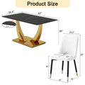 Table And Chair Set.Modern Rectangular Dining Table With Black Textured Stickers Glass Tabletop And Gold Plated Metal Legs.Paried With 6 Comfortable Chairs With Pu Seats And Black Metal Legs. Black Gold,White Seats 6 Glass Metal