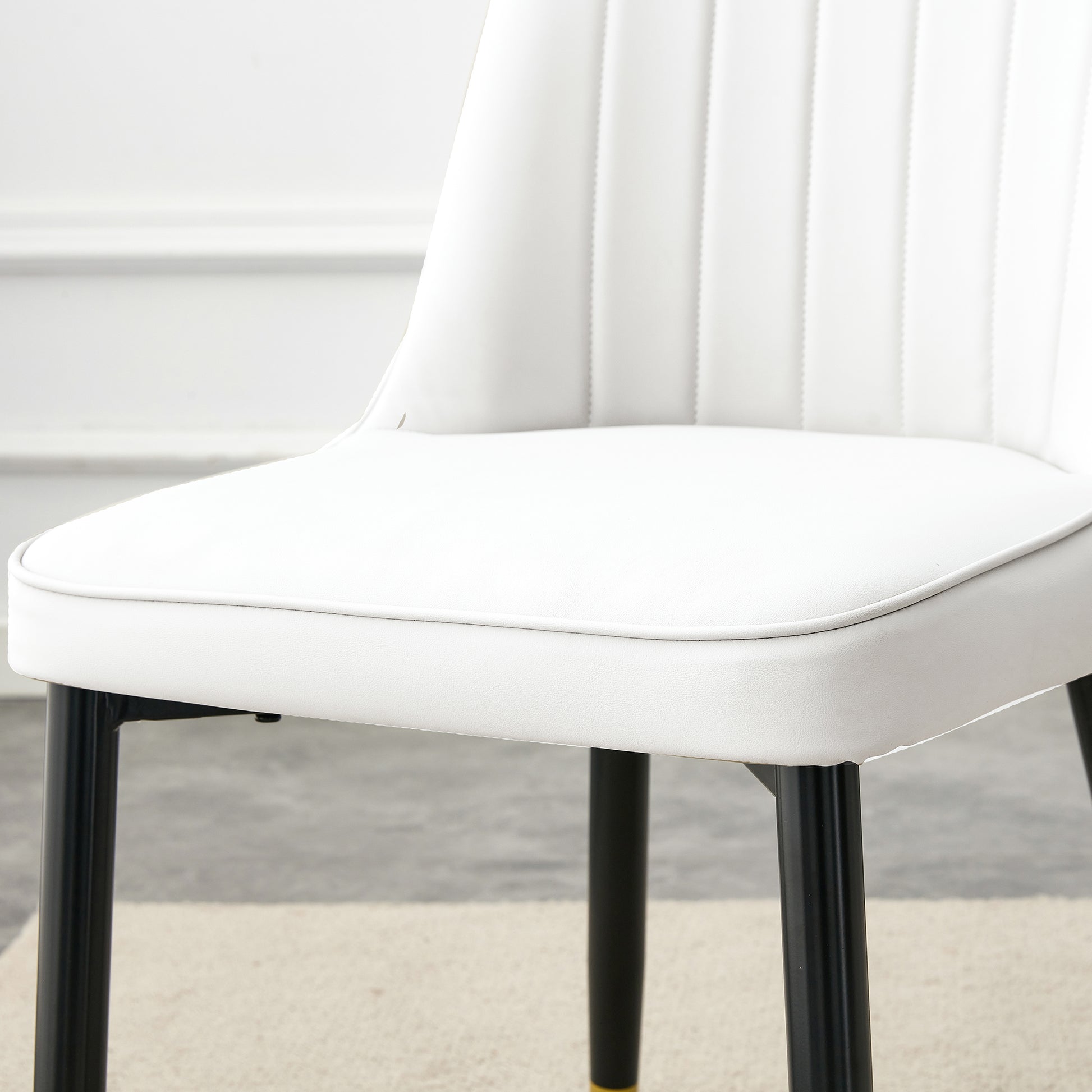 Table And Chair Set.The Table Has A Glass Top With Imitation Marble Pattern Stickers And Stainless Steel Golden Legs. Paried With Chairs With Pu Artificial Leather Backrest Cushions And Black Legs. White Gold Seats 6 Glass Metal