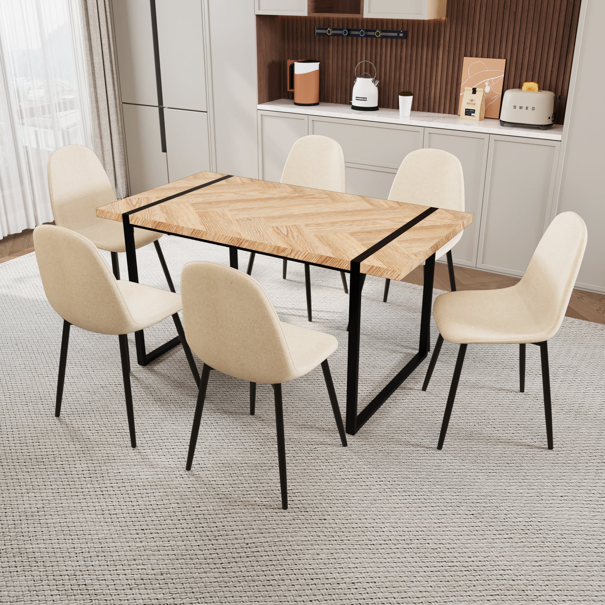 Mdf Light Wood Dining Table And Modern Dining Chair Set Of 8 Pieces, Medieval Wooden Kitchen Dining Table Set, Black Metal Base, Dining Table And Suede Chair Set Buy 6 Chairs And Get 2 Free Beige