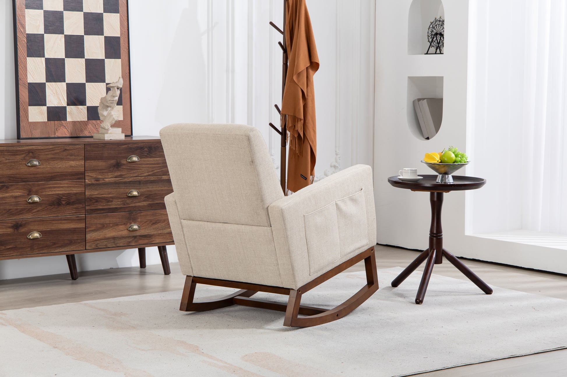 Mid Century Modern Accent Chair With Wood Frame, Upholstered Living Room Chairs With Waist Cushion, Reading Armchair For Bedroom Sunroom Grey White Linen