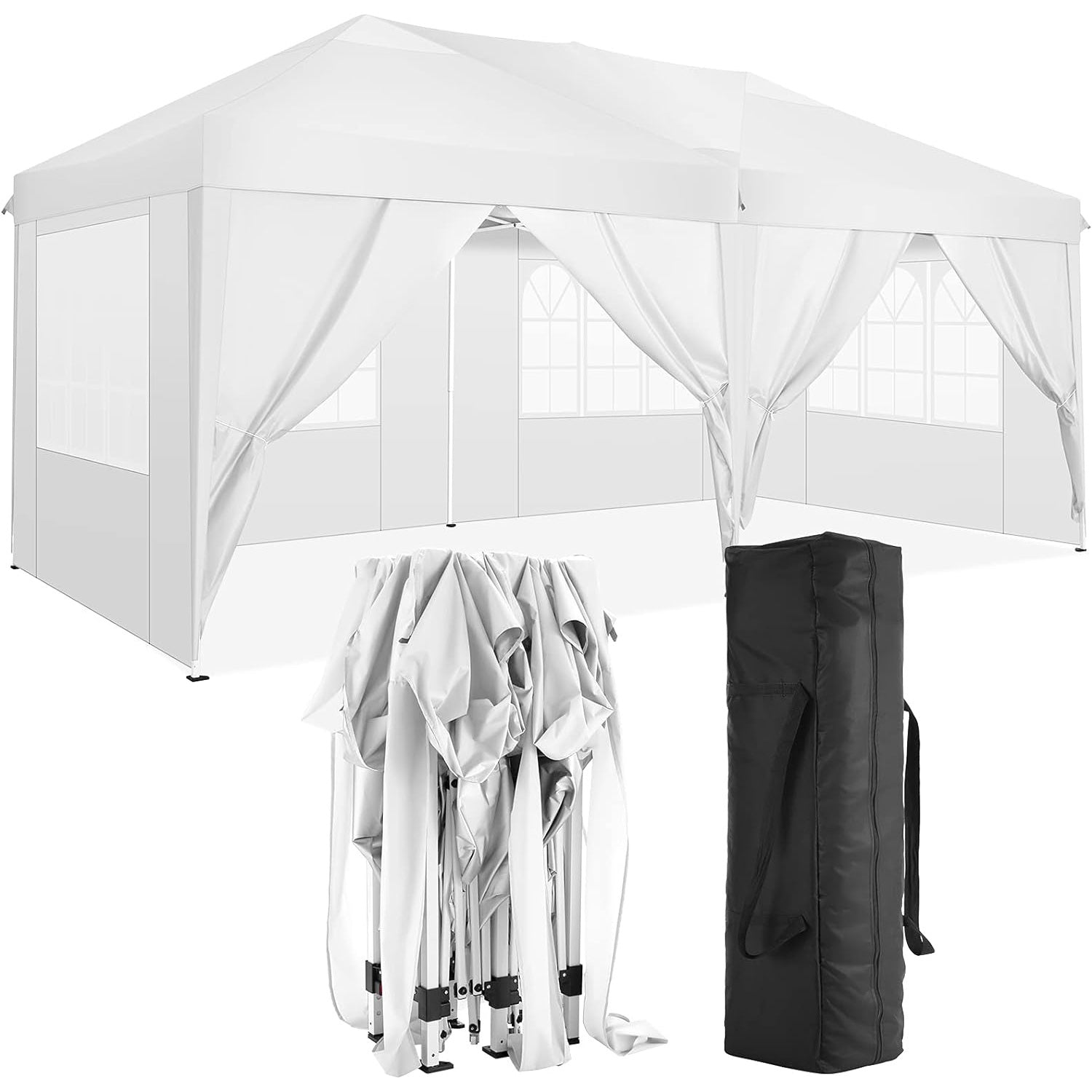 10'X20' Folding Canopy With 6 Removable Sidewalls Outdoor Event Shelter Upf 50 Gazebo Portable Tents For Parties Beach Camping Wedding Ez Pop Up Canopy White Metal