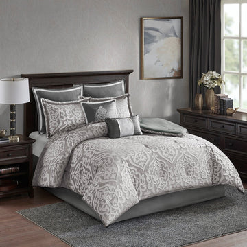 8 Piece Jacquard Comforter Set Silver Silver King King Silver Silver Polyester