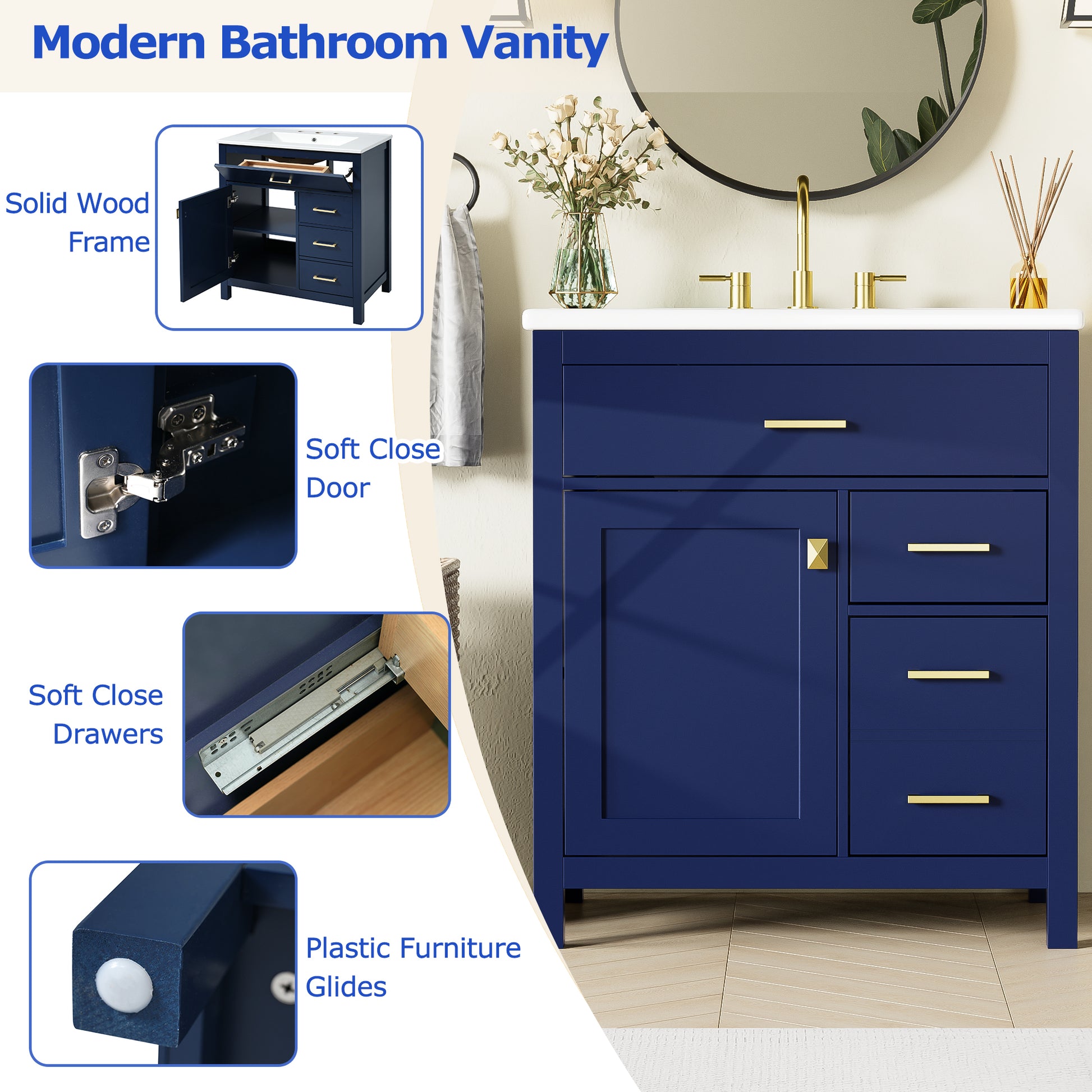 30 Inch Blue Bathroom Vanity With Ceramic Sink And Large Storage Ideal Choice For Small Bathrooms Blue Bathroom Solid Wood Mdf